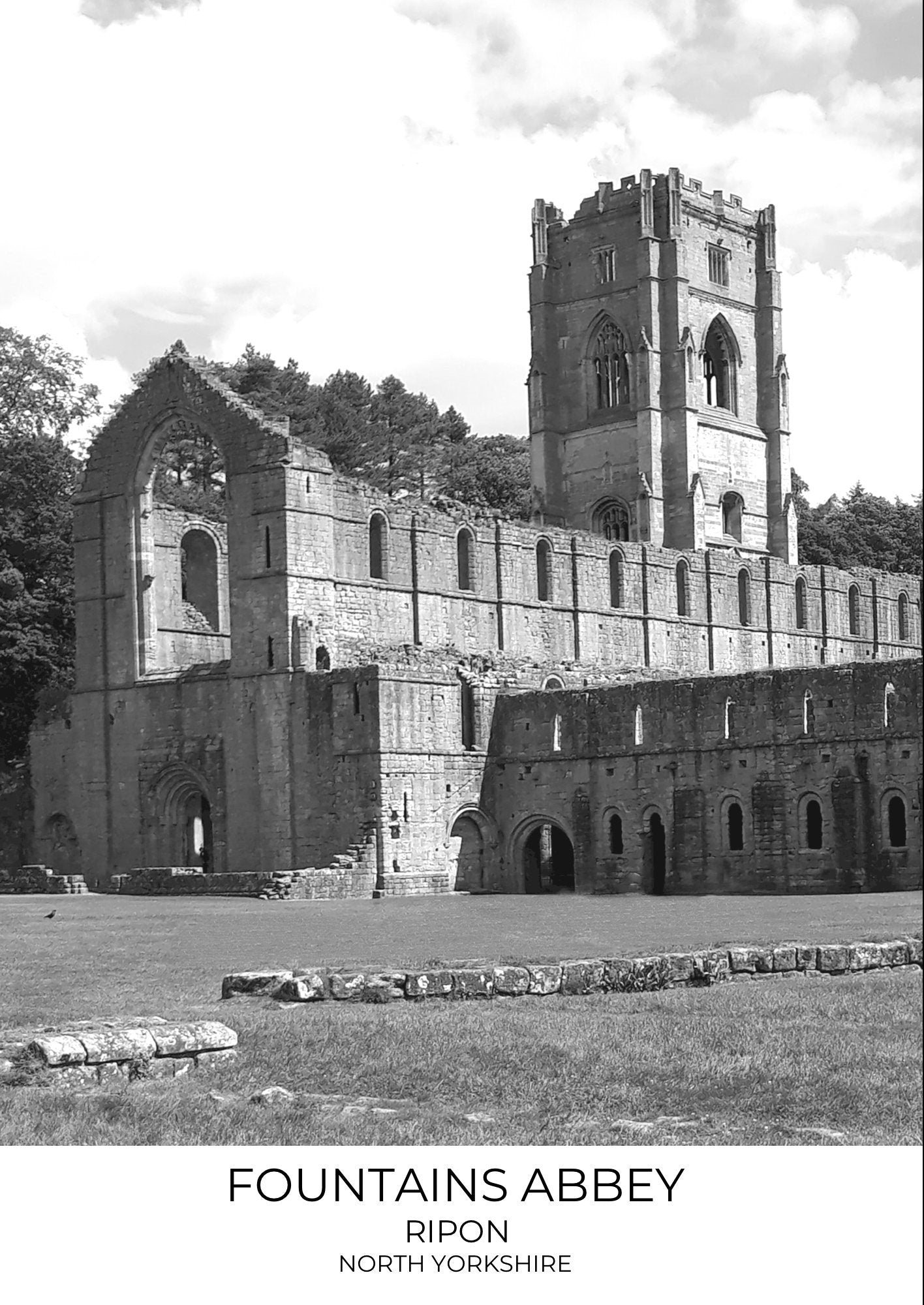 Fountains Abbey Print: Black and White Photography, North Yorkshire