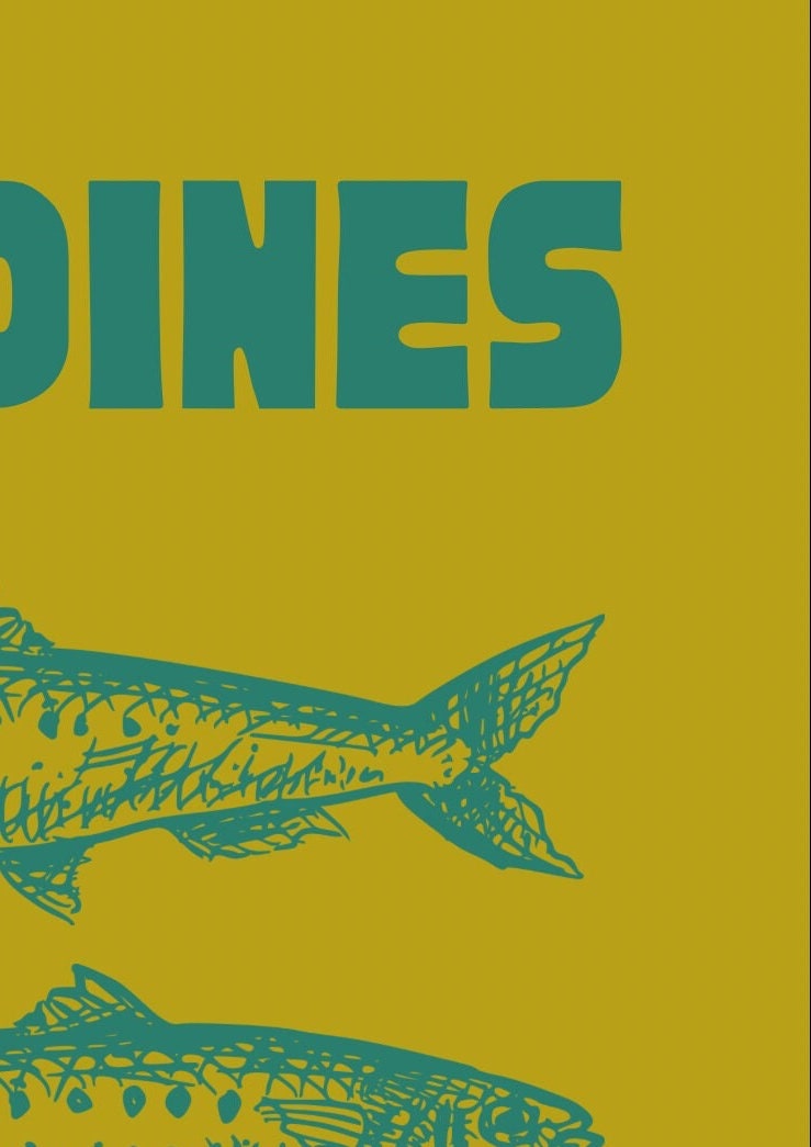 Sardines Retro Kitchen Wall Print: Lime and Turquoise Fish Art