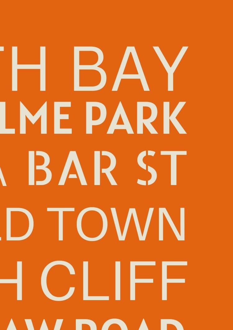 Scarborough Typography Print: Seaside Road Names, Orange Hallway Art