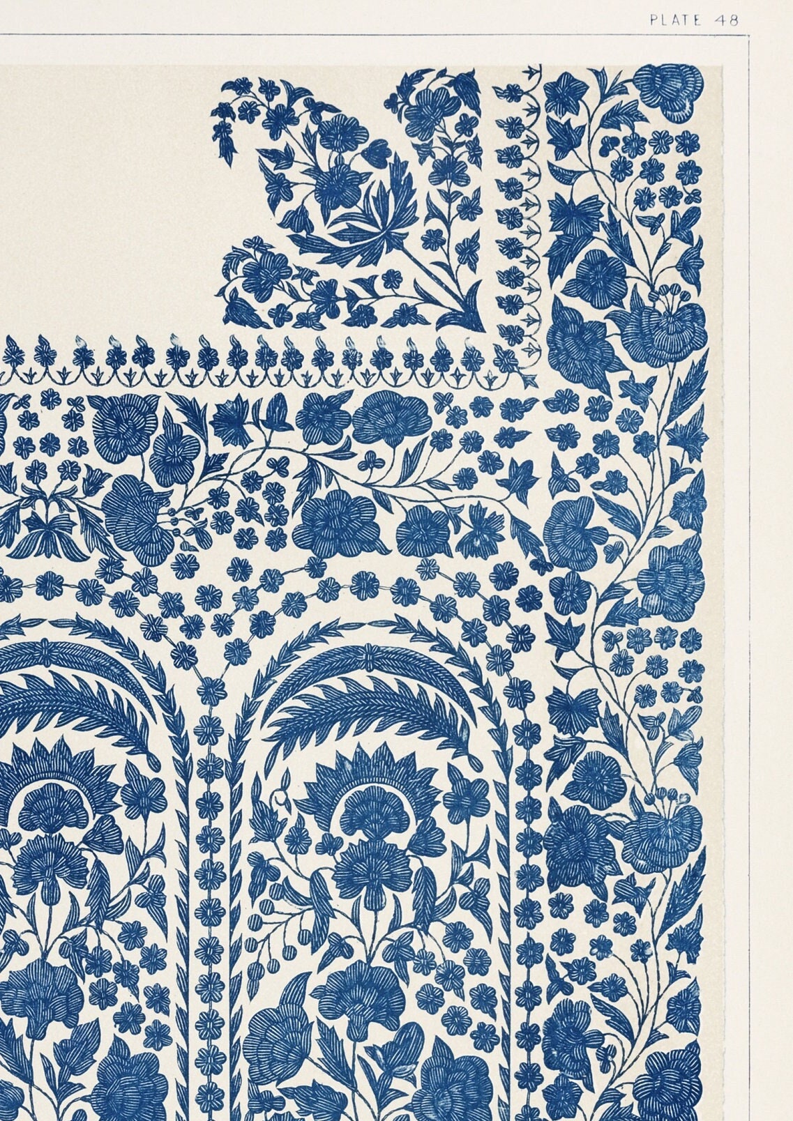 Vintage Indian Textile Art Print: Blue Floral Scarf Design (Unframed)