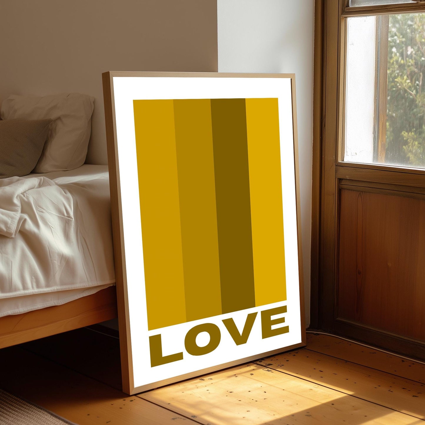 Blue Colour Block 'Love' Print: Retro Abstract Wall Art