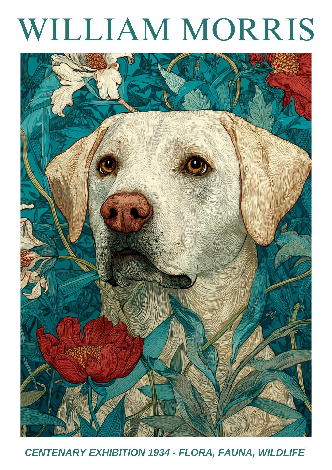 William Morris Floral, Fauna, Wildlife Print: Art Nouveau Home Decor, Yellow Labrador