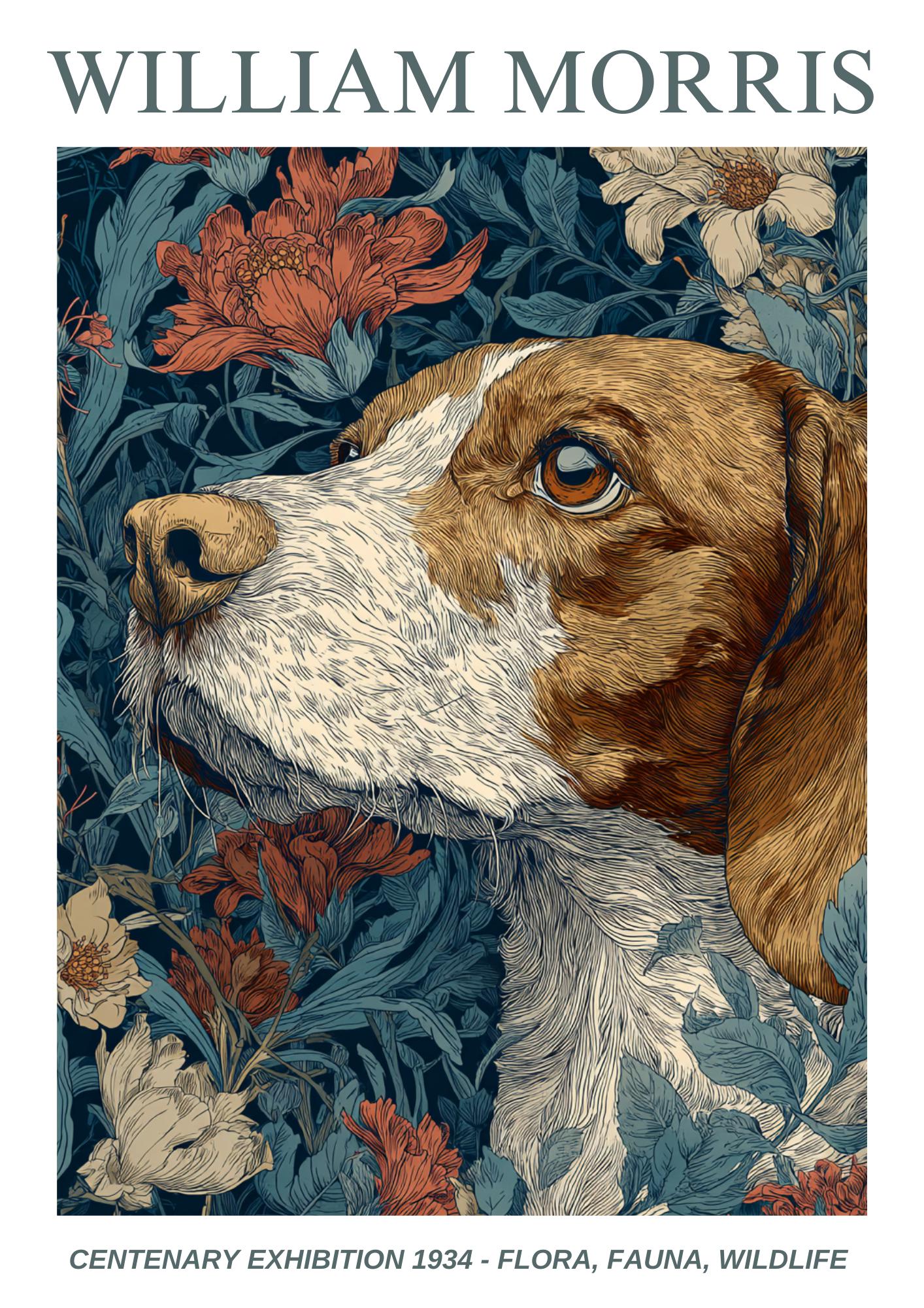 William Morris Floral, Fauna, Wildlife Print: Art Nouveau Home Decor, Spaniel