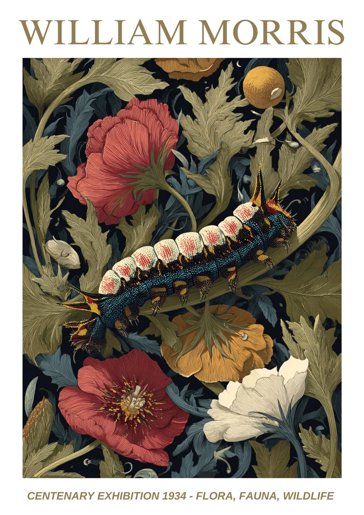 William Morris Floral, Fauna, Wildlife Print: Art Nouveau Home Decor, Caterpillar