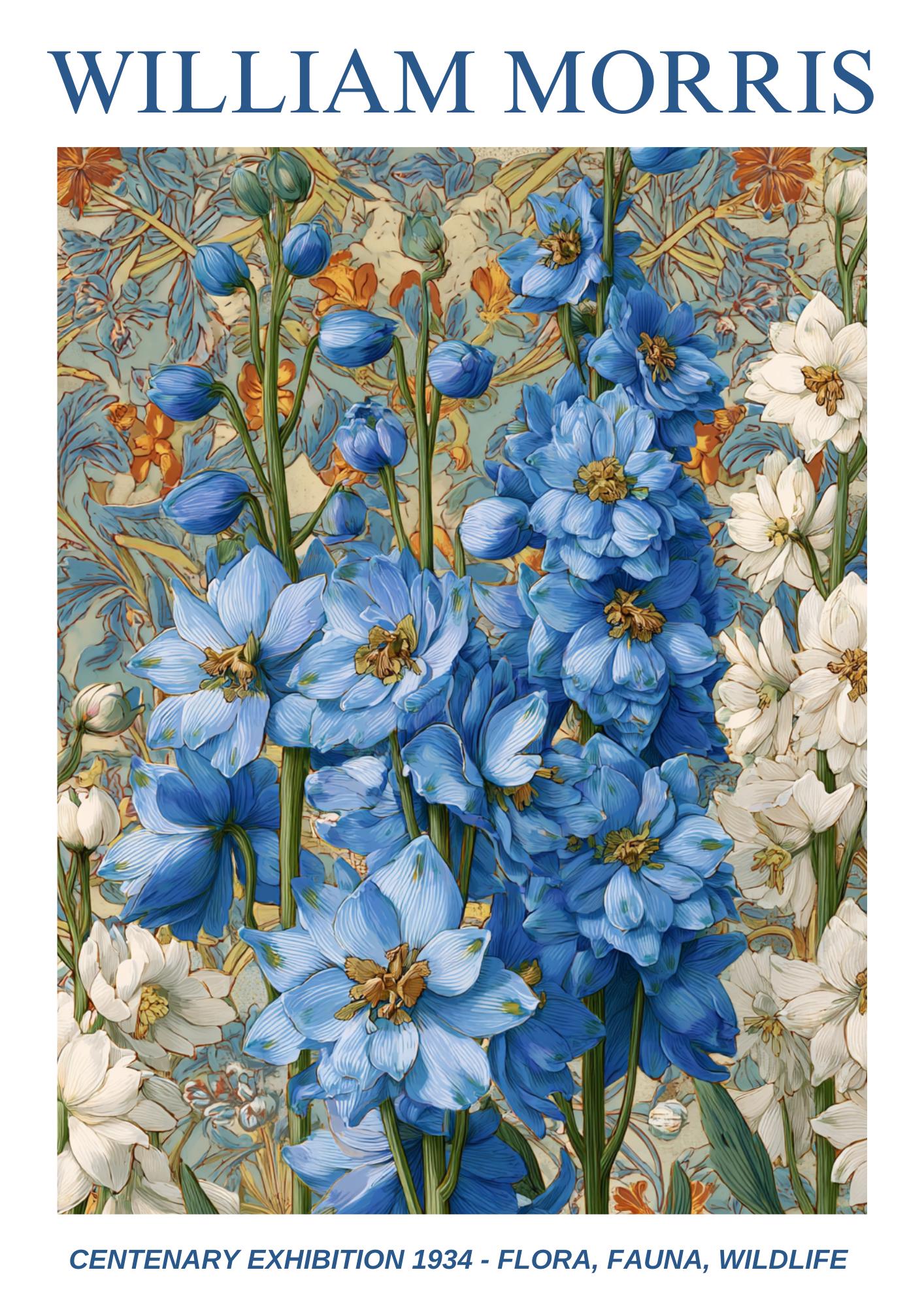William Morris Floral, Fauna, Wildlife Print: Art Nouveau Home Decor, Delphinium