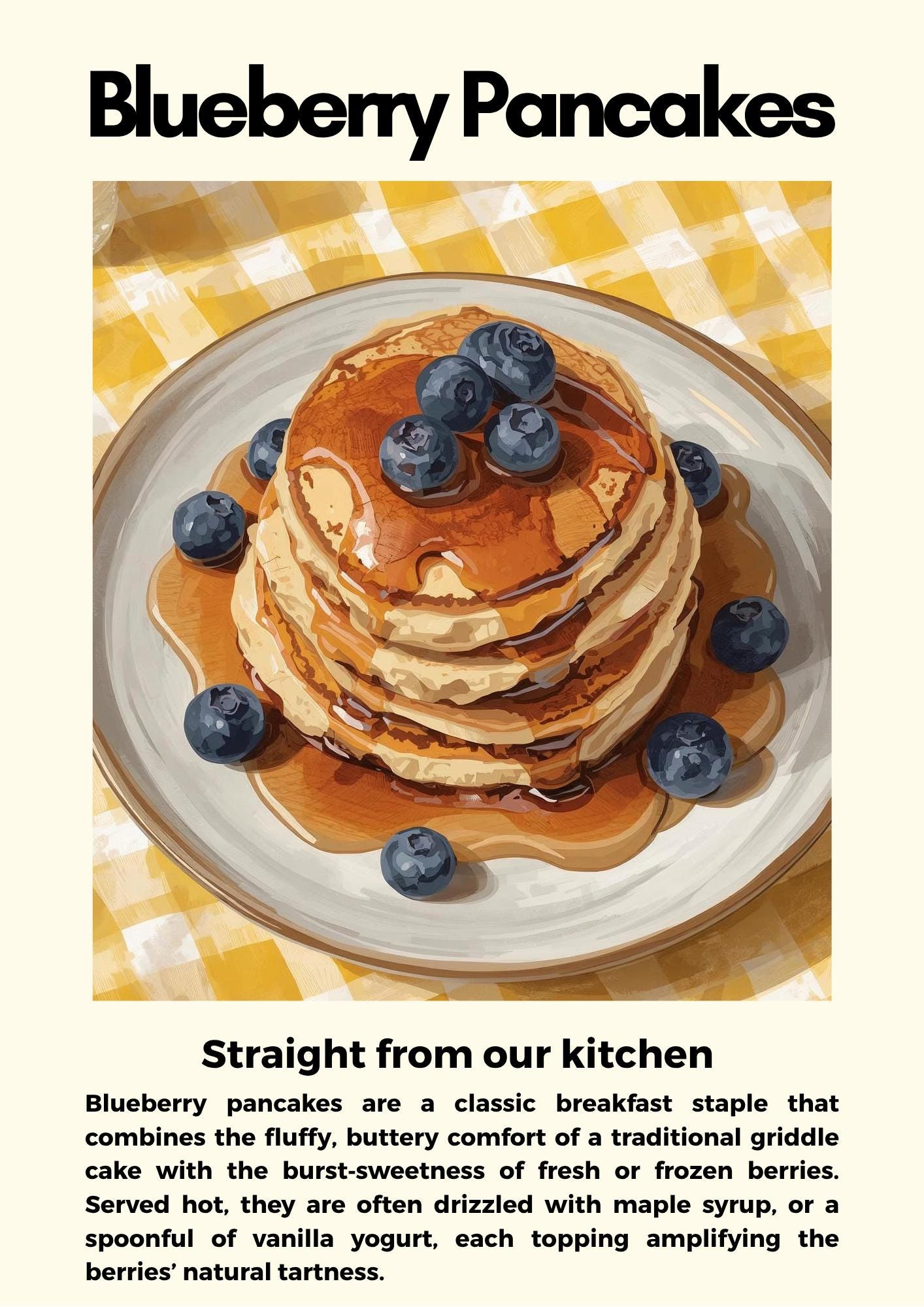 Straight From Our Kitchen Poster: Retro Food Print, Colourful Wall Art, Blueberry Pancakes