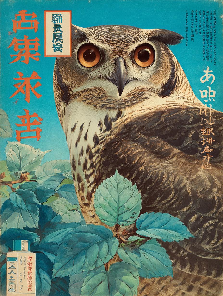 Vintage Japanese Owl Print, Woodblock Style Mid Century Poster