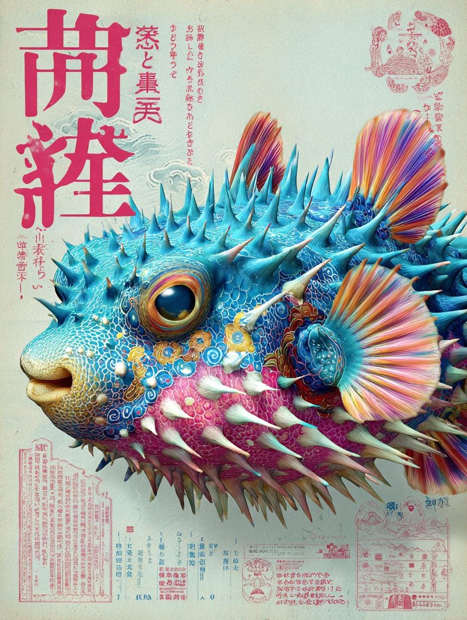 Japanese Pufferfish Print: Vintage Oriental Art Poster