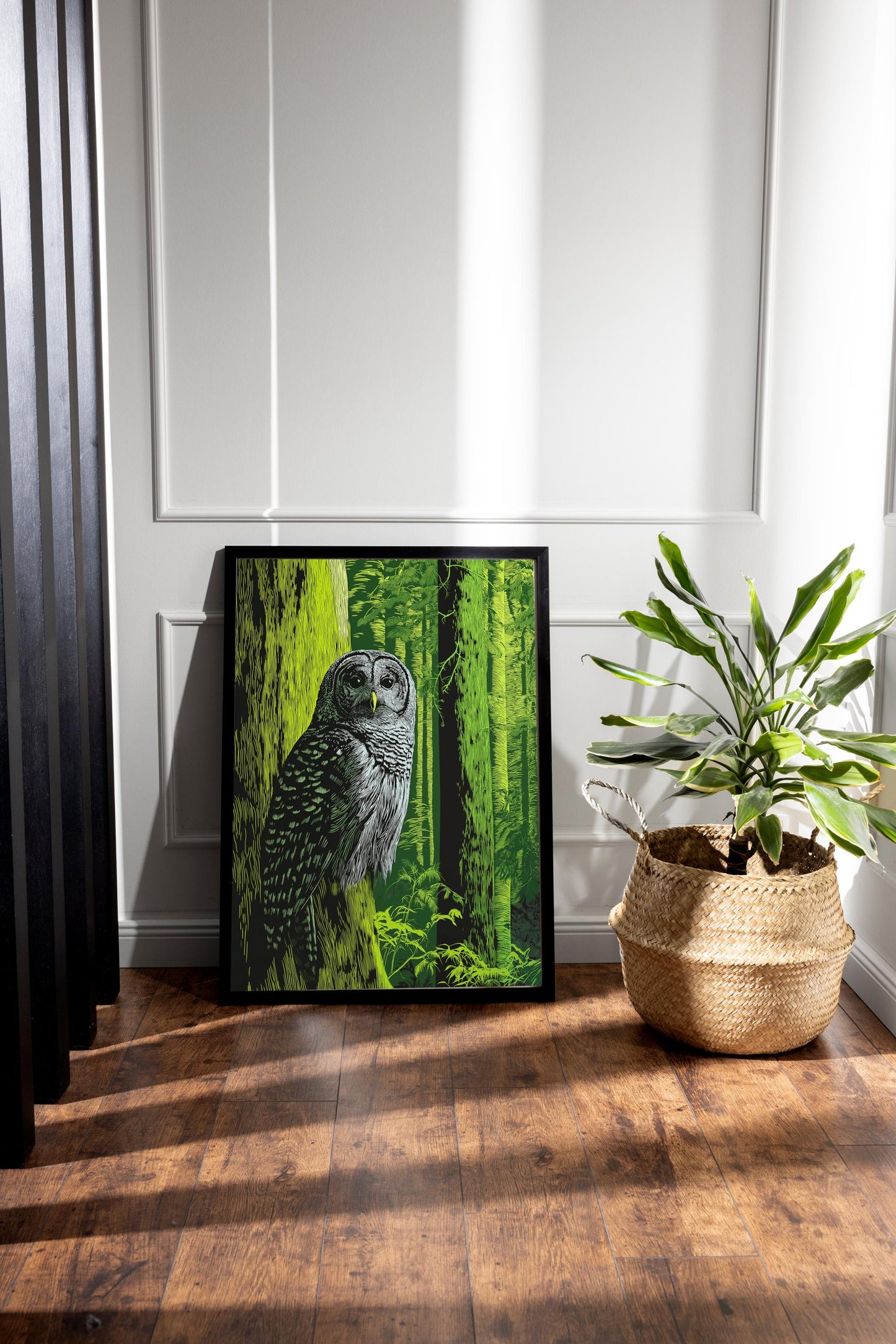 Woodland Owl Linocut Print, Black and White Forest Bird Art, Olive Green Wall Decor