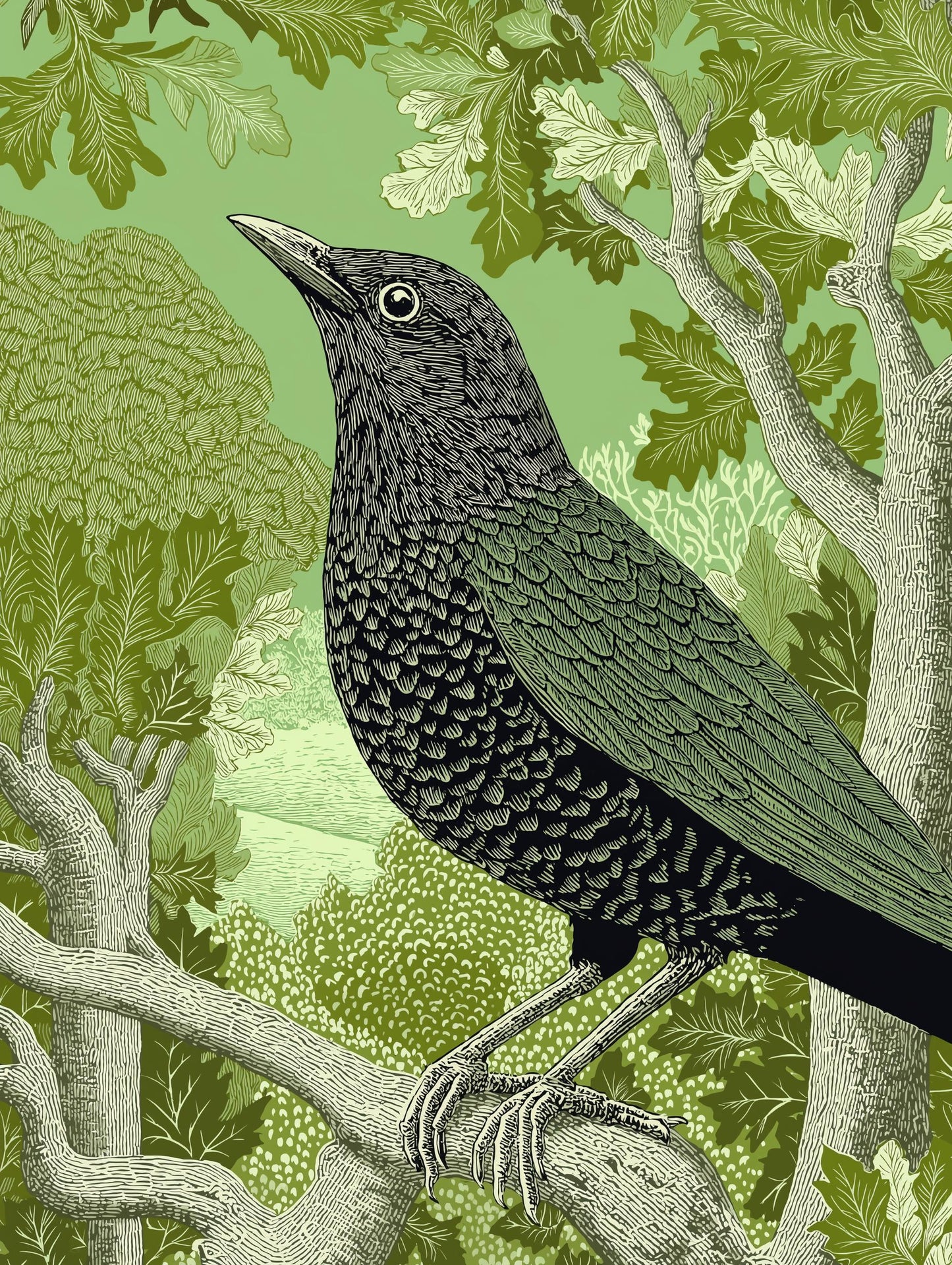 Blackbird Linocut Style Print, Black and White Bird Art, Forest Nature Wall Decor, Green