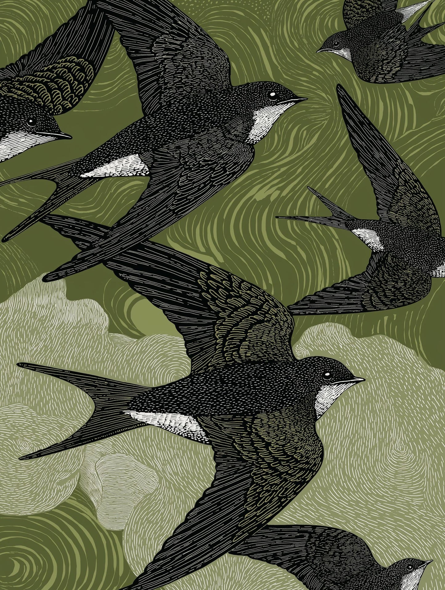 Flying Swallows Linocut Print, Black White Bird Art, Olive Green Nature Wall Decor