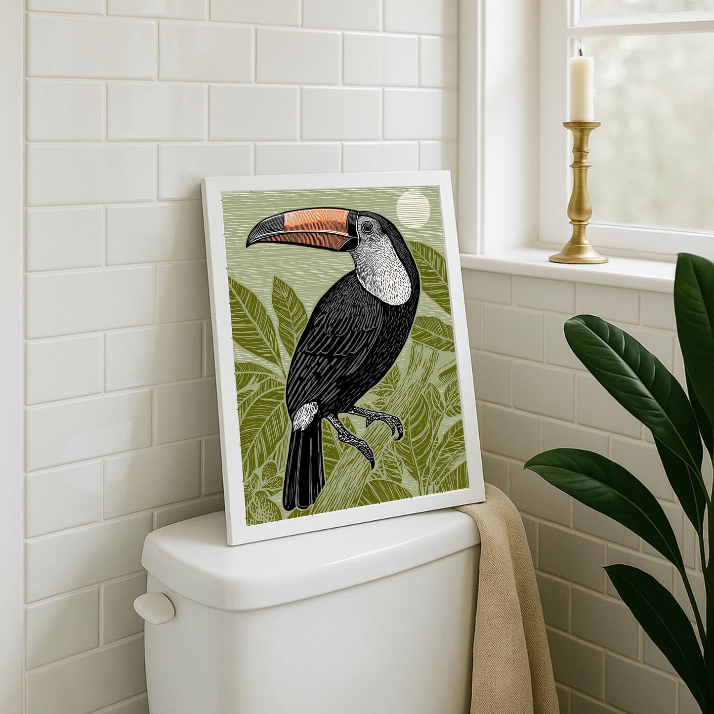 Toucan Linocut Style Print, Black and White Bird Art, Forest Nature Wall Decor, Green