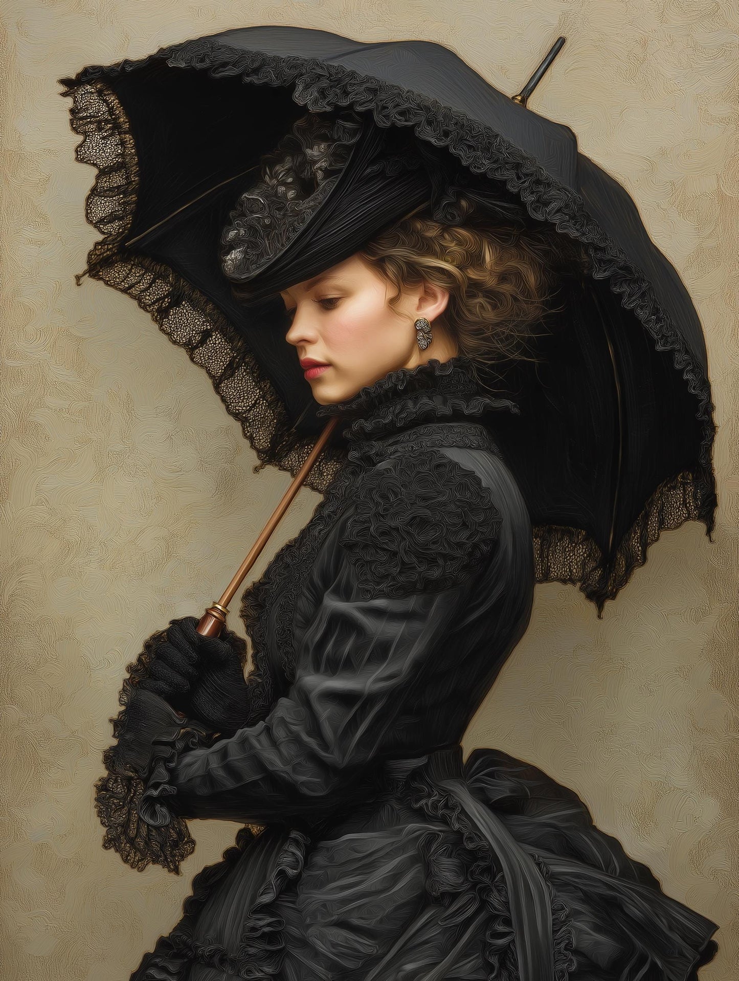 Vintage Lady With Black Umbrellak Print: Victorian Illustration Wall Art