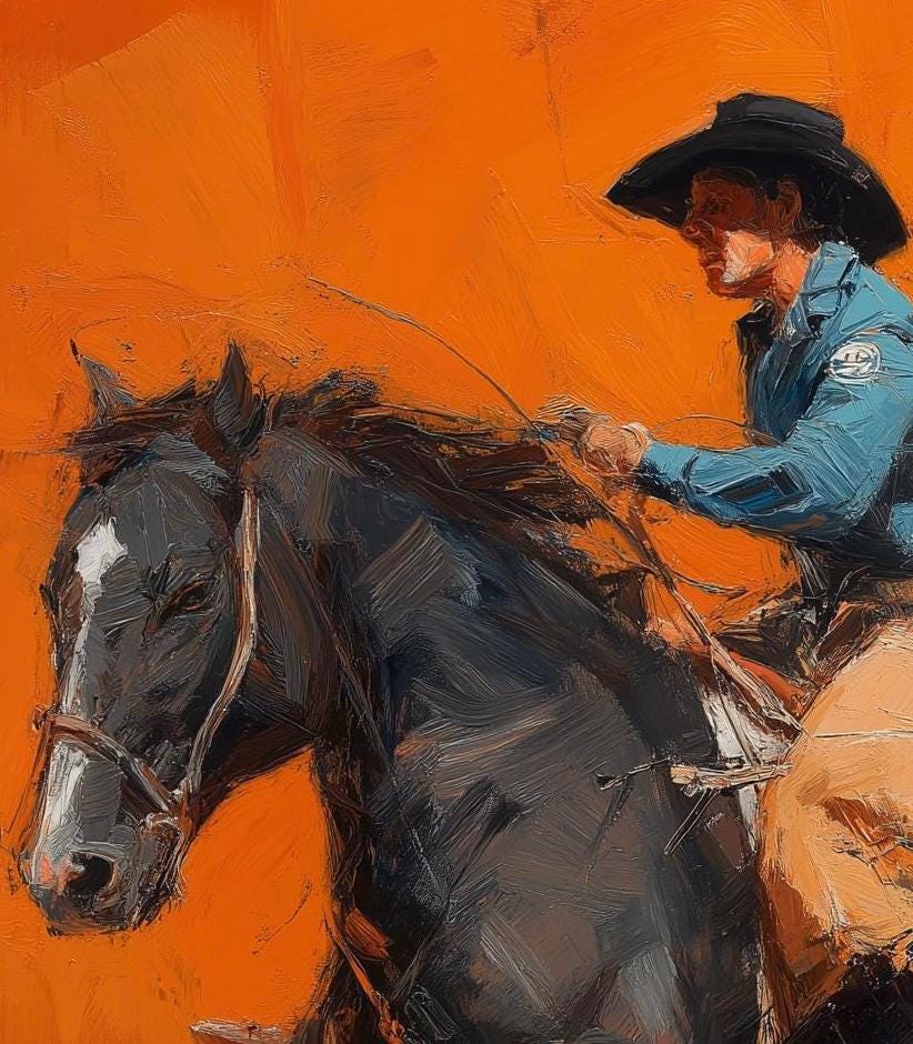 Cowboy on Horse Print: Vibrant Orange Wester Poster