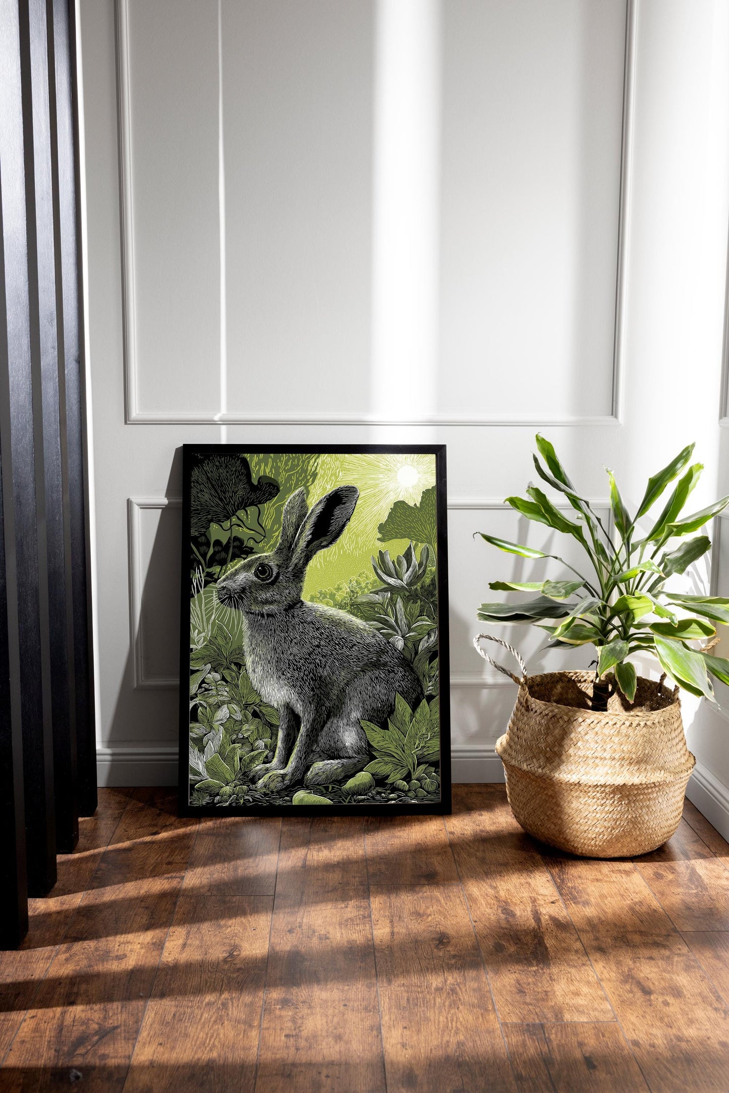 Woodland Rabbit Linocut Print, Black and White Forest Bird Art, Olive Green Wall Decor