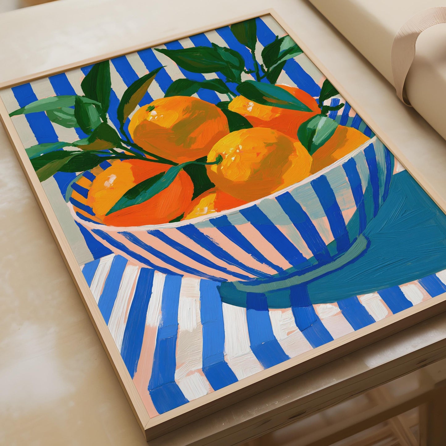 Bowl of Oranges Print, Colourful Fruit Still Life Poster, Blue Stripe Kitchen Wall Art