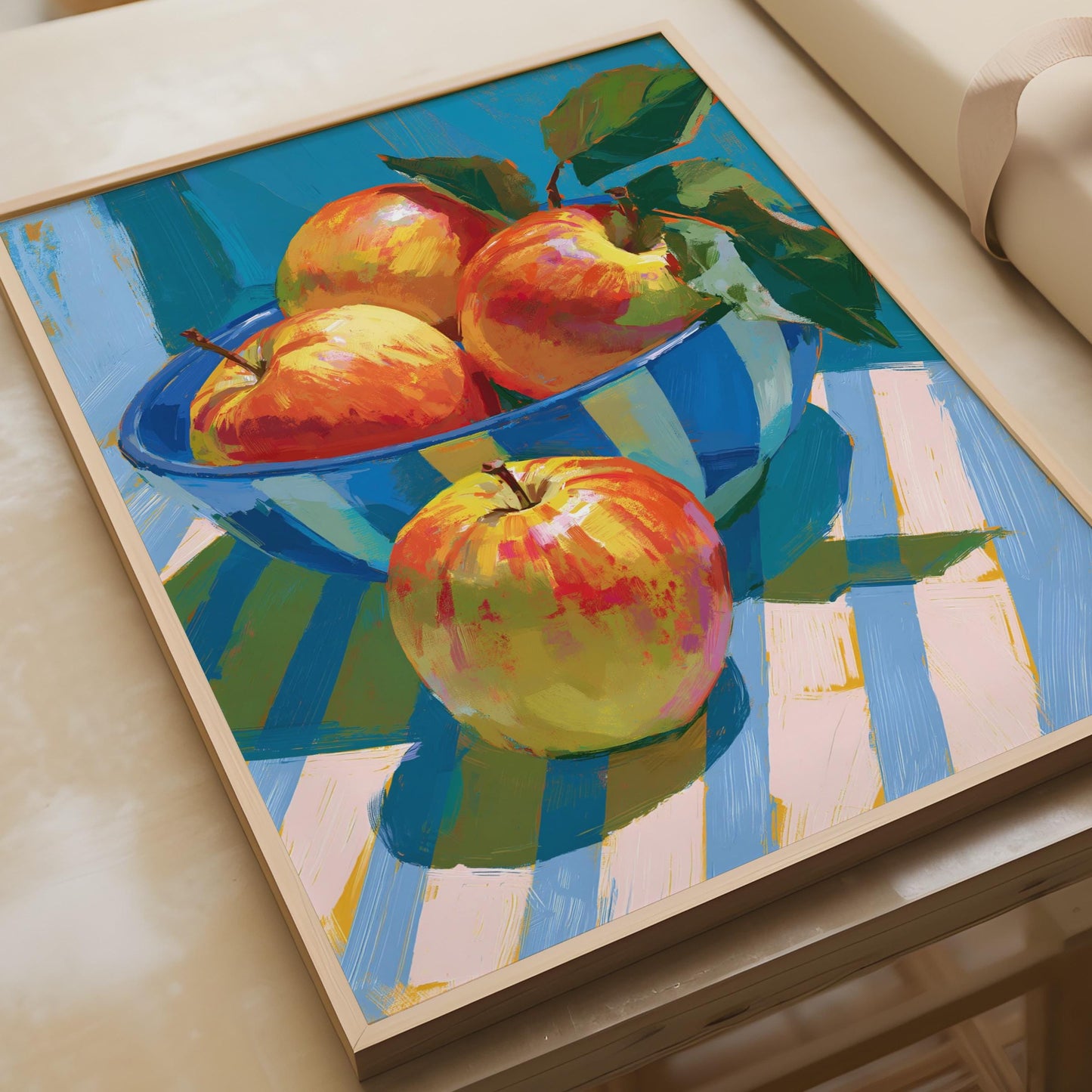Bowl of Apples Still Life Print, Colourful Fruit Kitchen Wall Art, Blue Teal Poster
