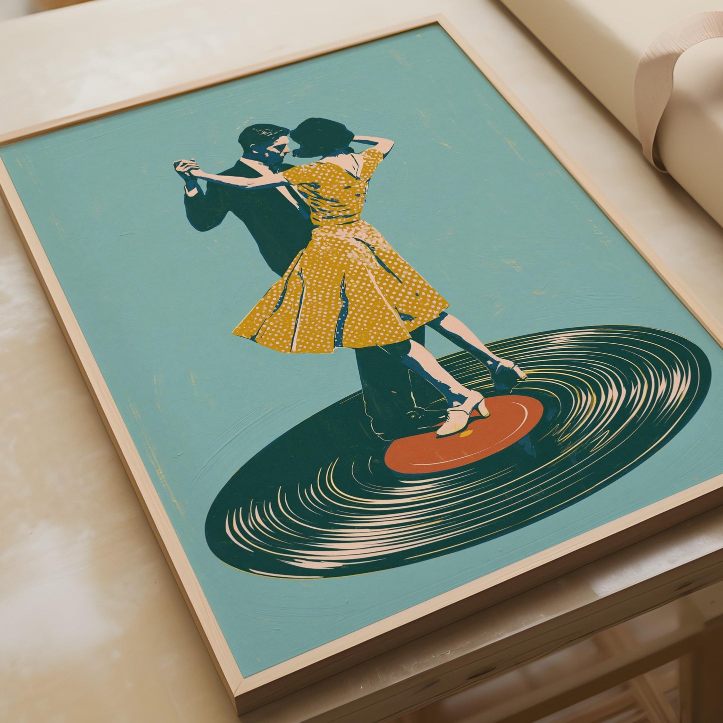 Dancing Couple Vinyl Record Print, Retro Music Poster, 1950s Dance Wall Art, Teal
