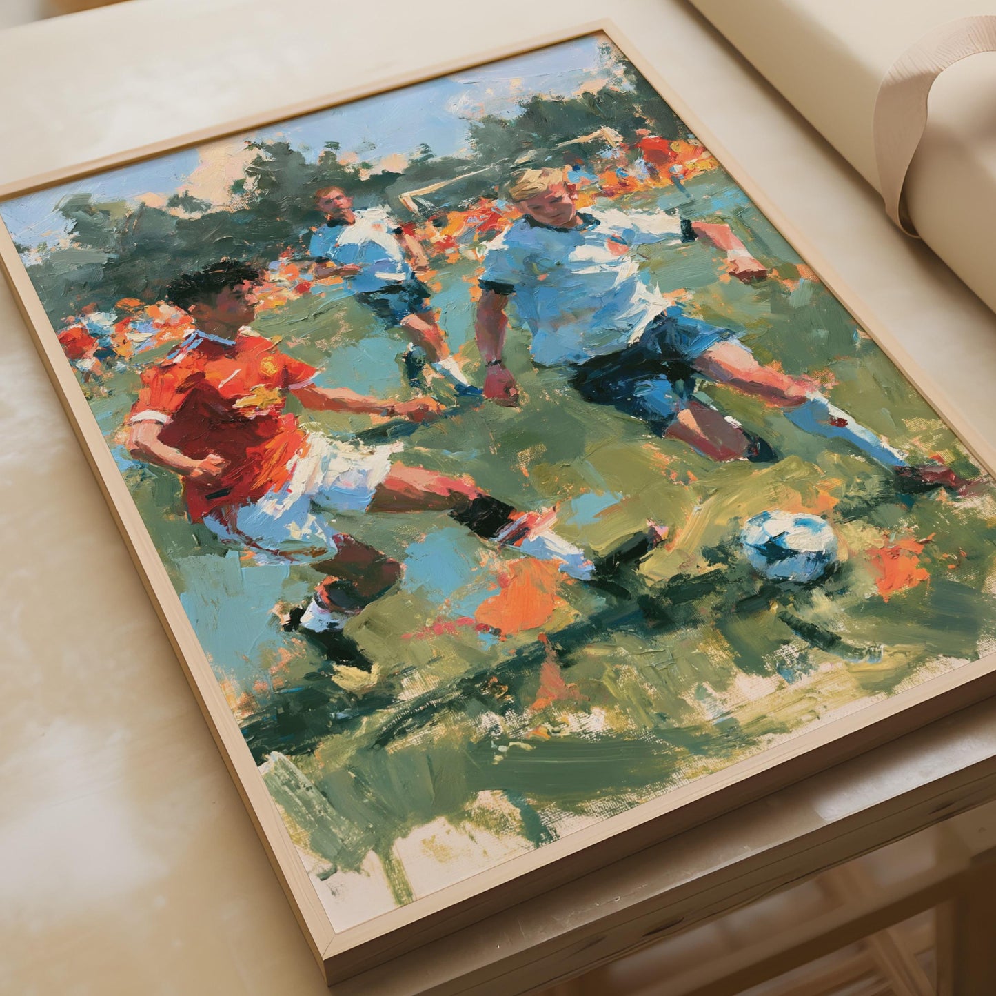 Football Match Art Print, Oil Painting Style Soccer Poster, Boys Playing Football Wall Art