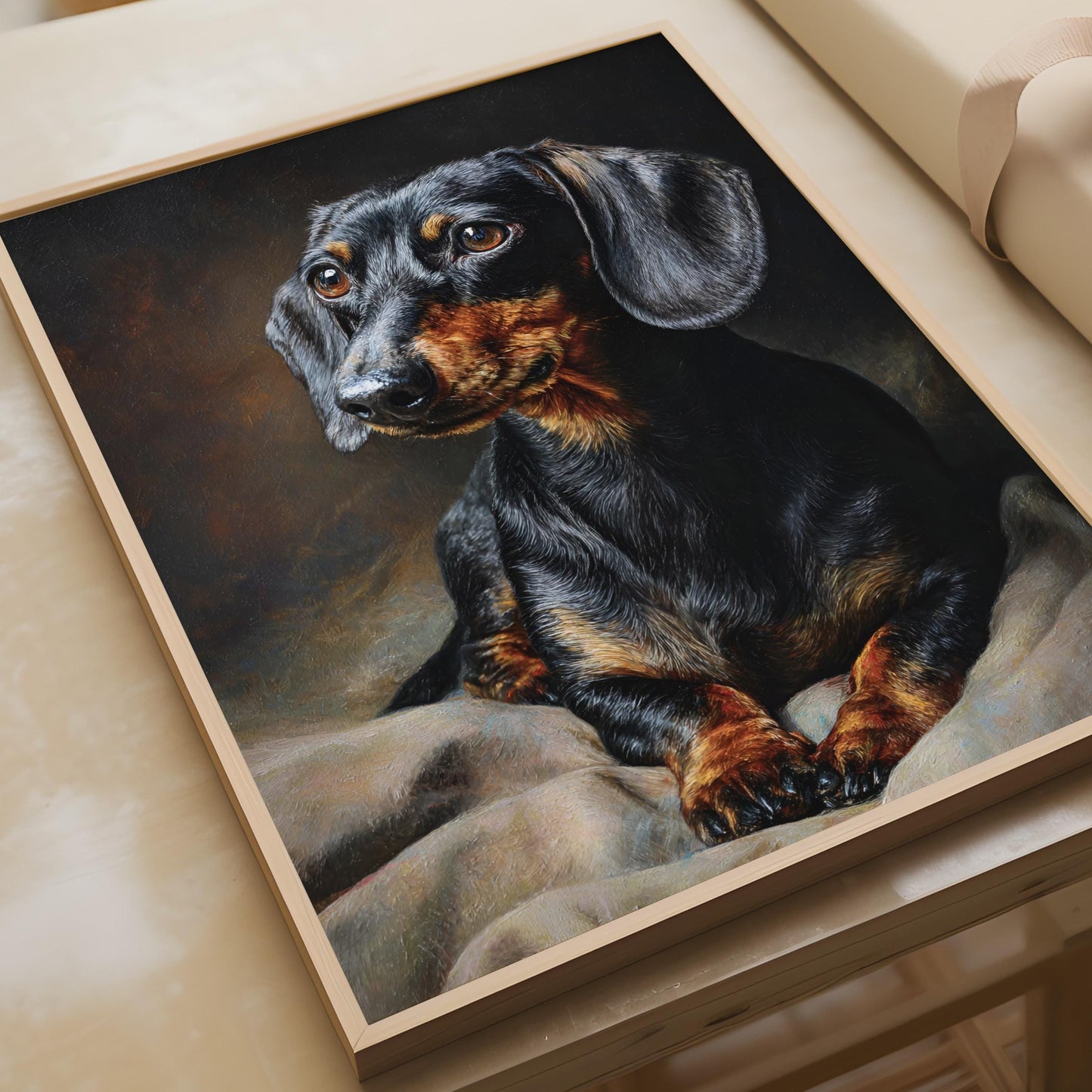 Dachshund Portrait Print, Black Tan Sausage Dog Wall Art, Classic Oil Painting Style