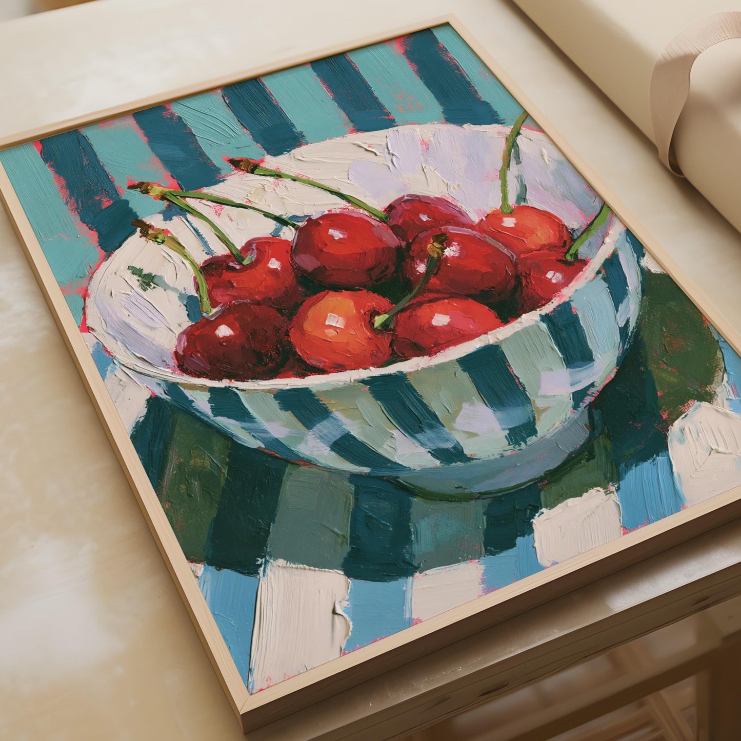 Bowl of Cherries Art Print, Still Life Fruit Poster, Teal Stripe Kitchen Wall Decor