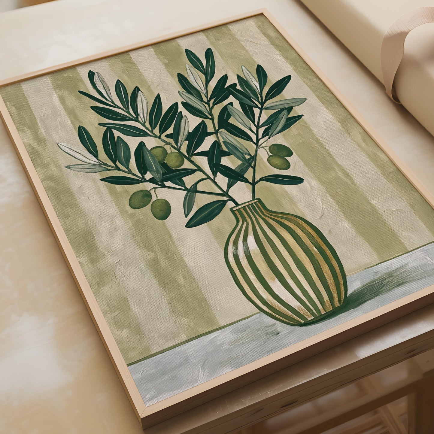 Olive Branch Vase Print, Botanical Wall Art, Green Neutral Still Life Poster