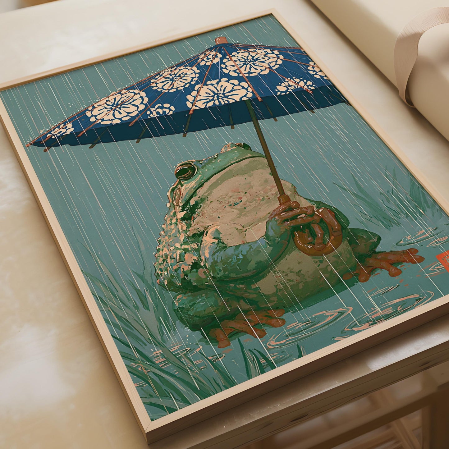Frog With Umbrella Print, Japanese Woodblock Style, Frog Wall Art, Rain Poster
