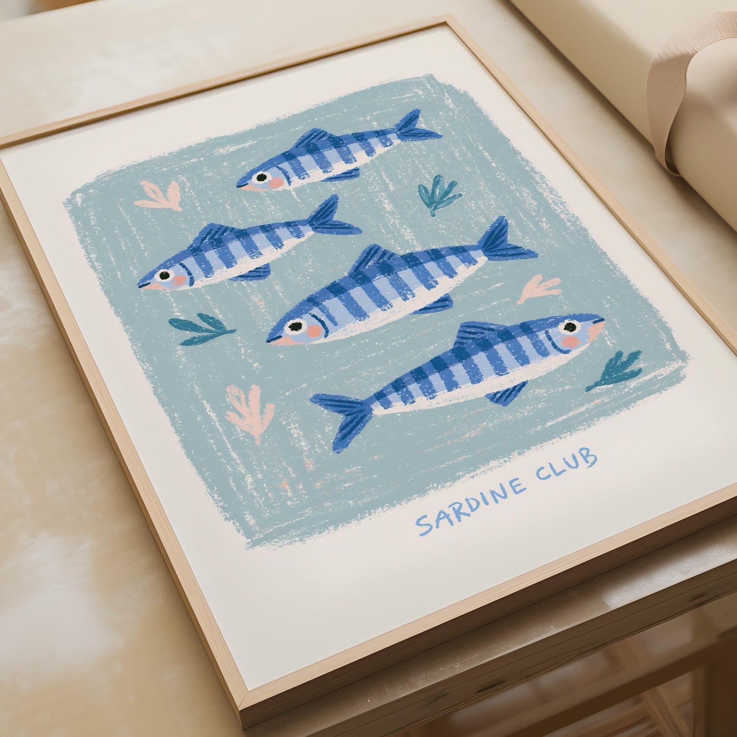 Sardine Club Fish Art Print, Blue Cream Coastal Wall Art, Cute Fish Poster, Ocean Nursery Decor