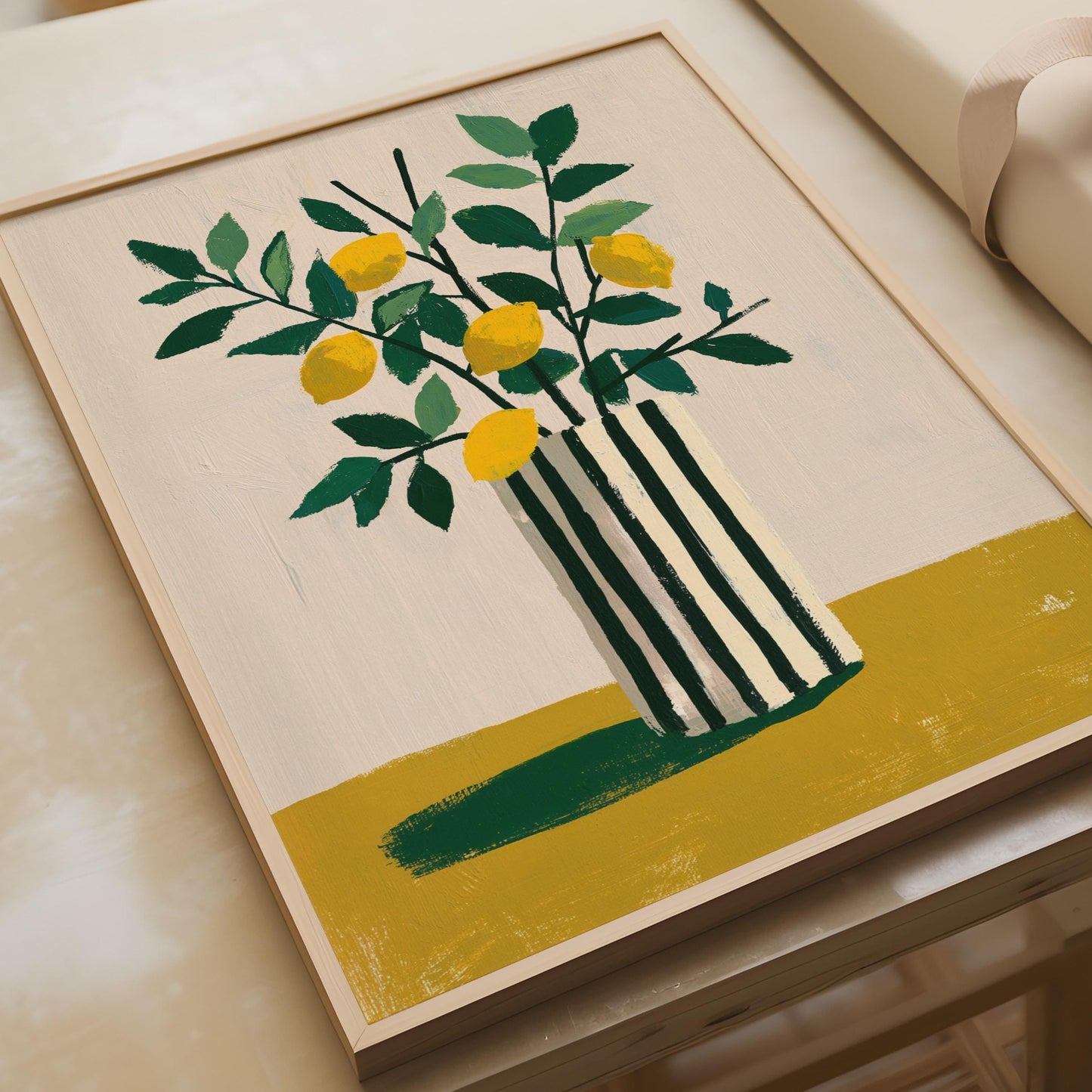 Lemon Vase Art Print, Botanical Still Life Poster, Yellow Green Kitchen Wall Decor