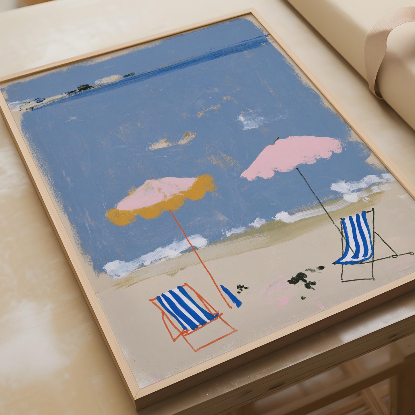 Beach Scene with Deckchairs, Beach Umbrellas, Coastal Art, Summer Decor, Abstract Print
