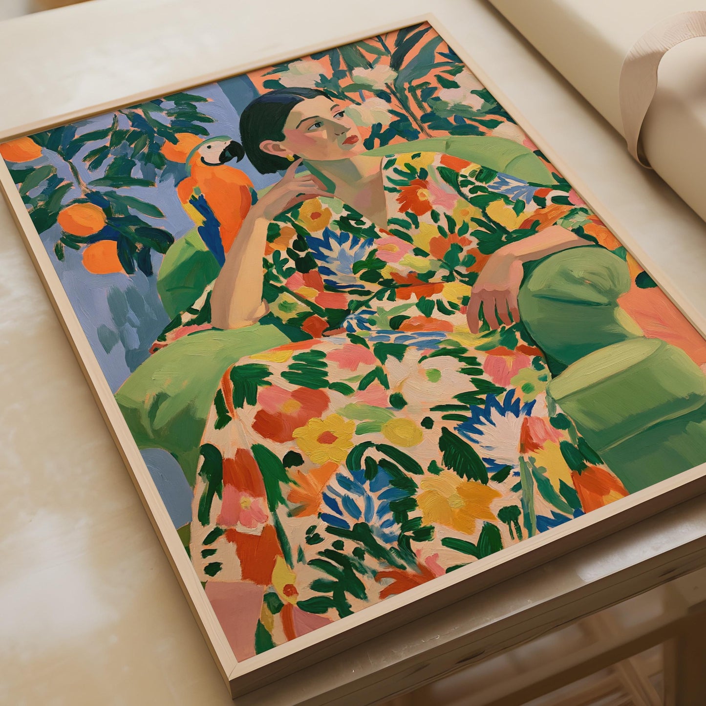 Vibrant Floral Portrait, Lady in Colourful Dress with Parrot, Wall Art Print, Contemporary Decor,