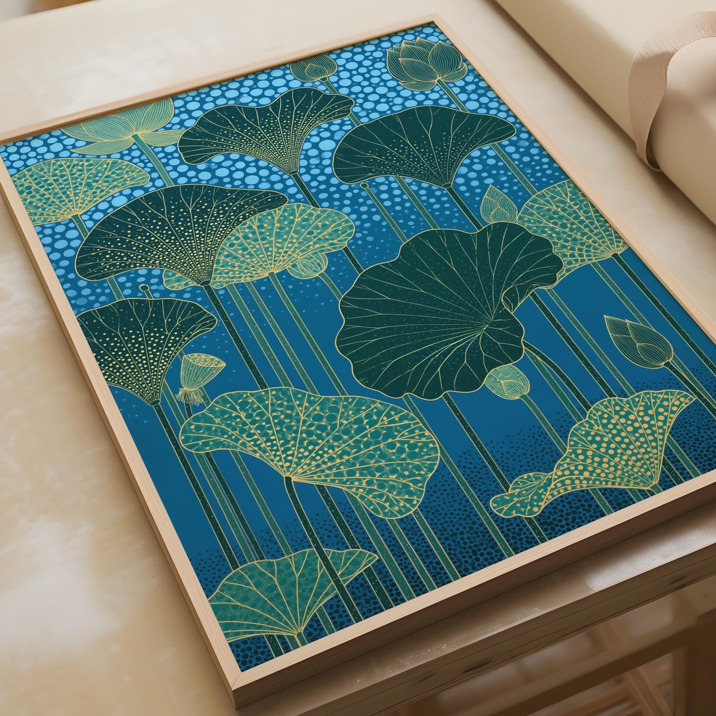 Elegant Lotus Flower Art Print, Lotus Leaves Wall Decor, Botanical Ocean Blue Poster, Modern Nature