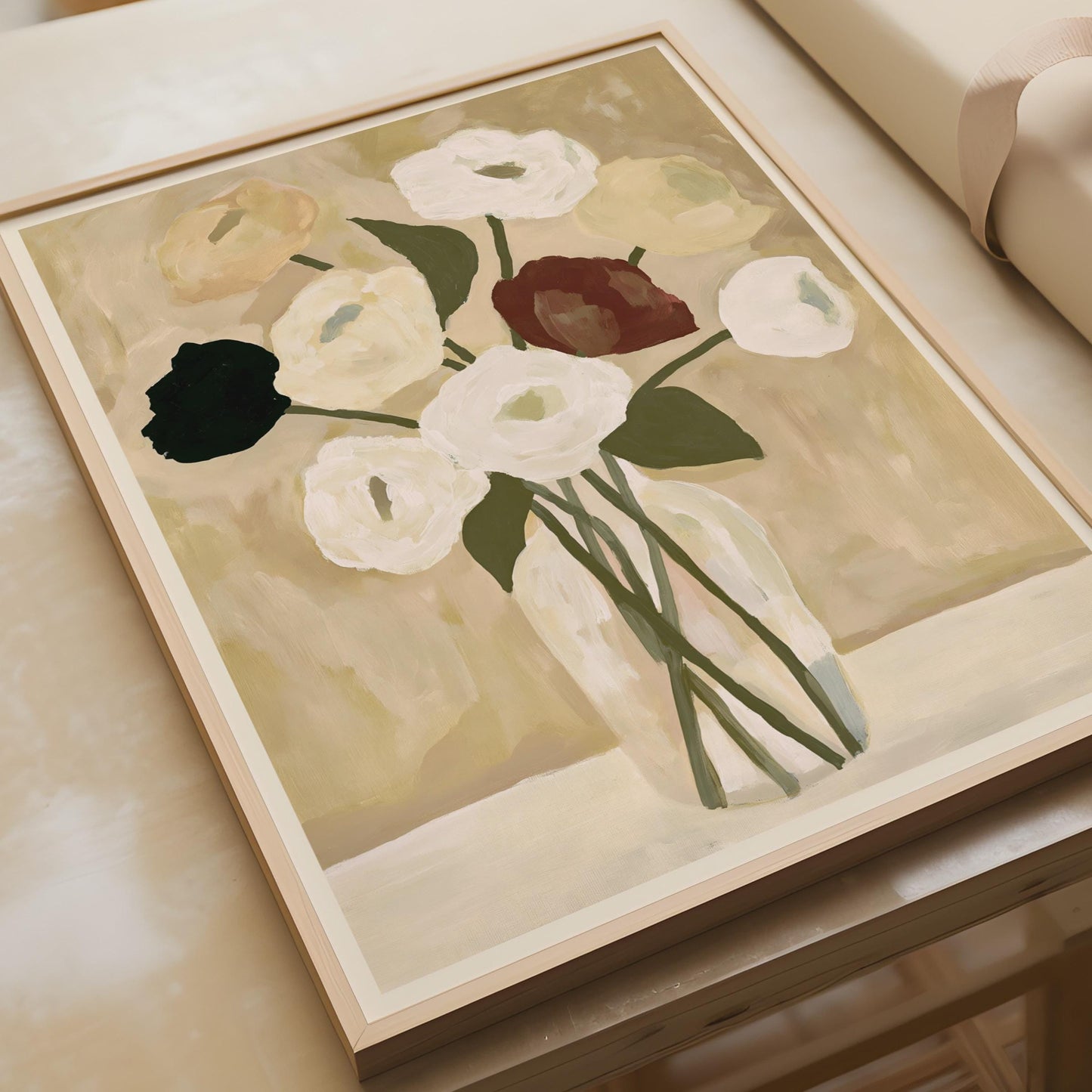 Elegant Floral Wall Art, Clear Vase with Neutral Flowers, Minimalist Canvas Print, Modern Home Decor