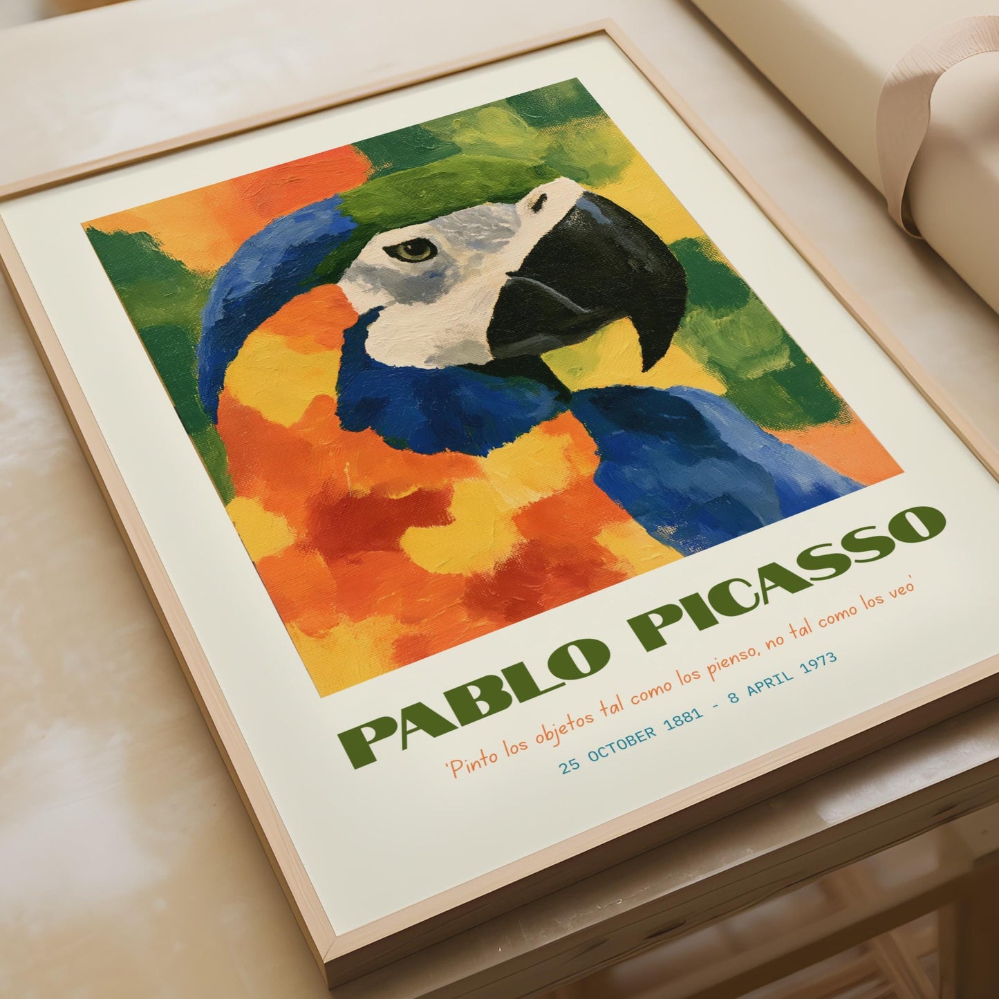Pablo Picasso Parrot Art Print, Colourful Bird Wall Decor, Artistic Minimalist Design, Eco Art