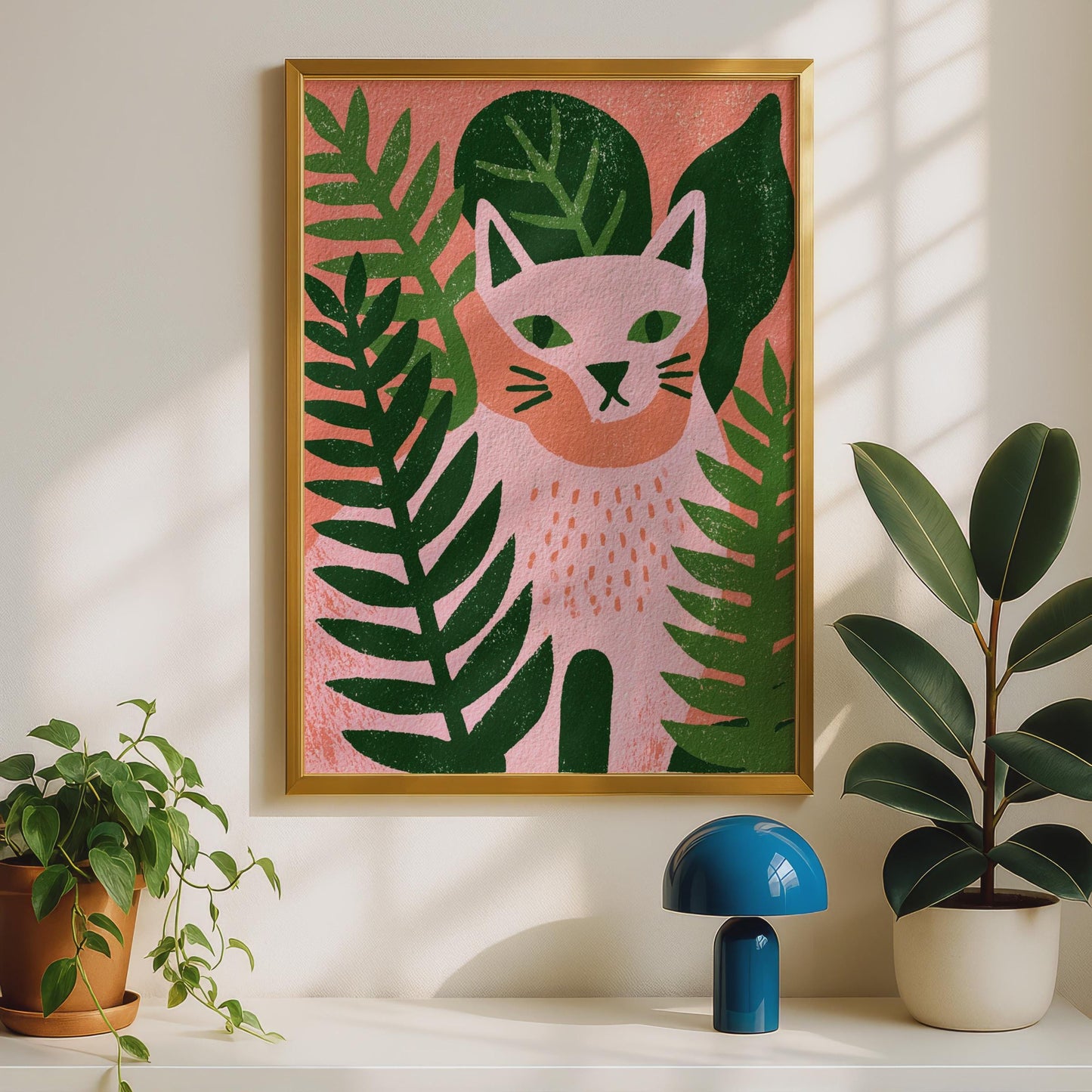 Whimsical Cat Art Print, Pink and Green Minimalist Poster, Tropical Animal Wall Art, Modern Home