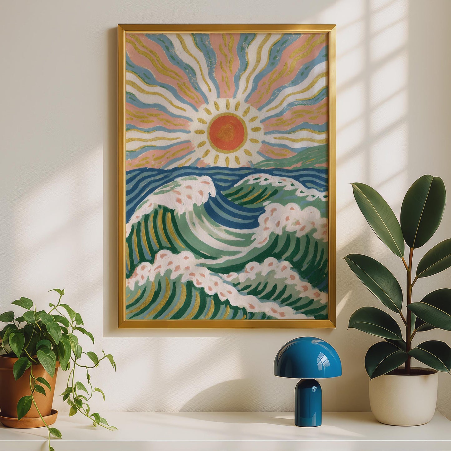 Vibrant Ocean Waves Art Print, Colourful Sun and Sea Wall Art, Coastal Home Decor, Beachy Aesthetic