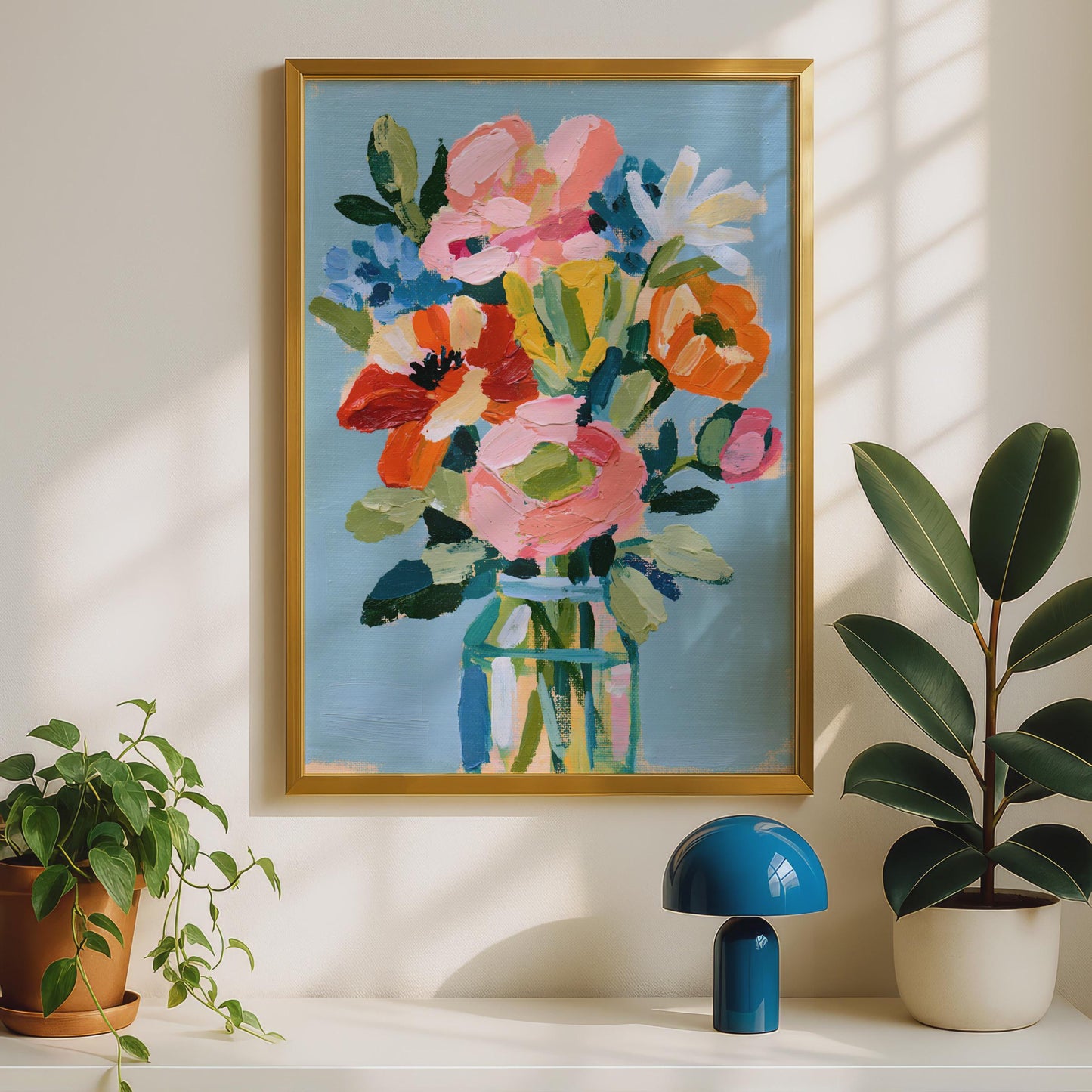 Colourful Floral Bouquet Wall Art Print, Painterly Flower Vase Poster, Blue Pink