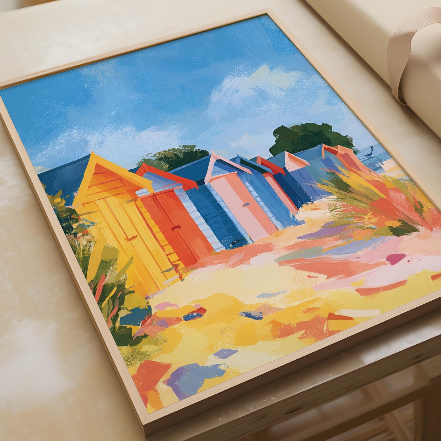 Colourful Beach Huts Art Print, Coastal Wall Art, Seaside Poster, British Summer