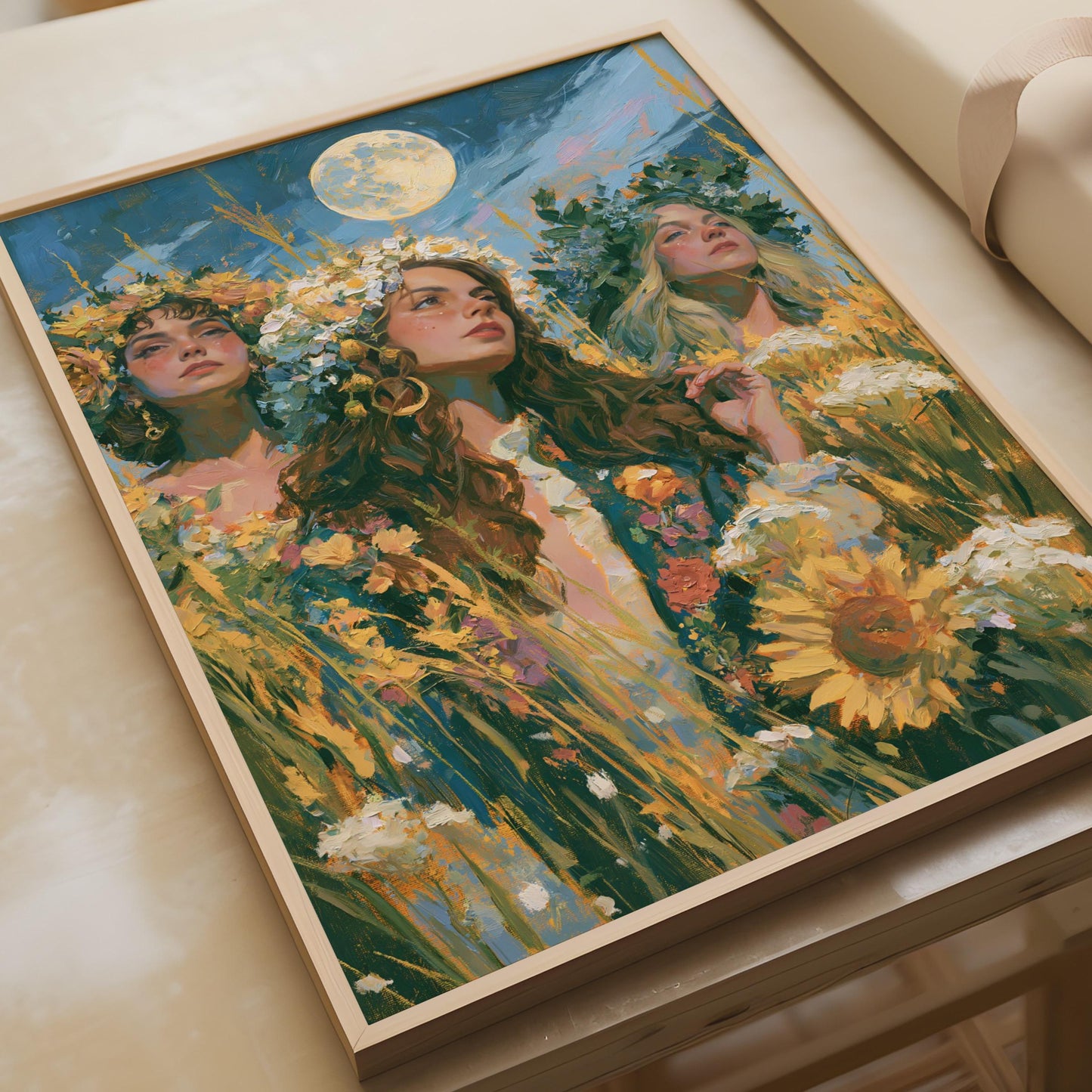 Three Goddesses Full Moon Print, Flower Crown Women, Botanical Celestial Wall Art Poster