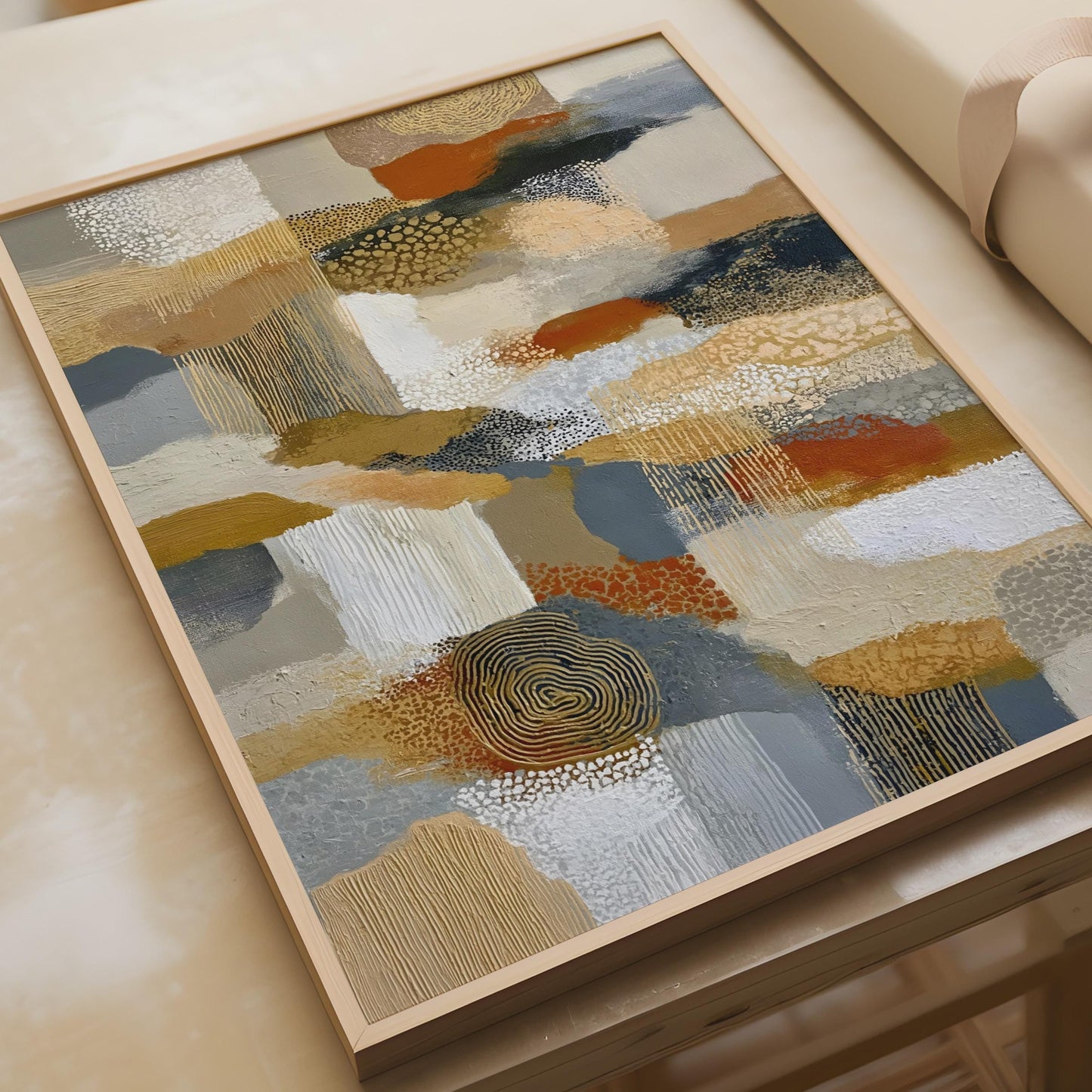 Beige Abstract Art Print, Terracotta Gold Navy Textured Wall Art, Earthy Tones Poster
