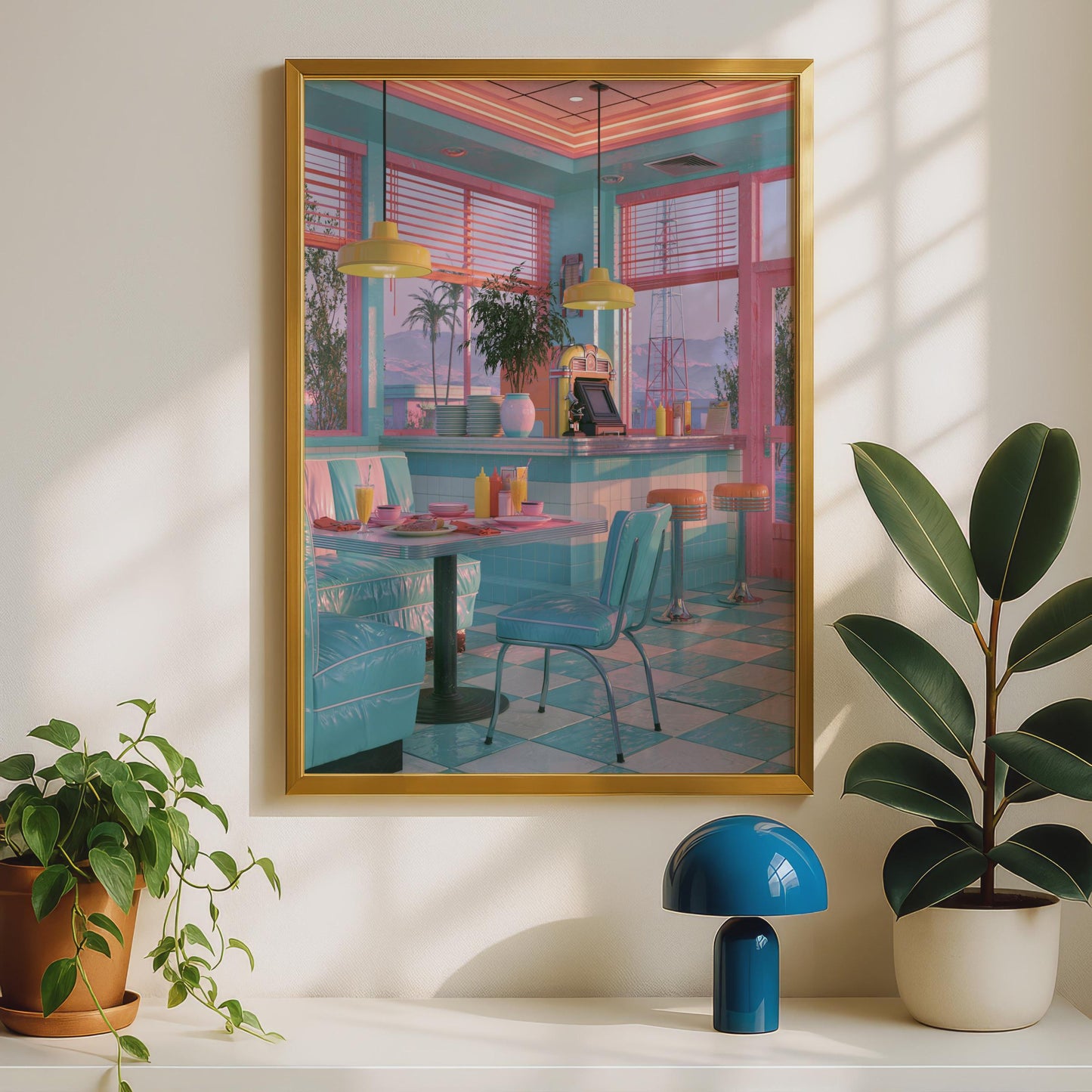 Retro American Diner Poster, 1950s Pastel Neon Wall Art, Vintage Diner Print