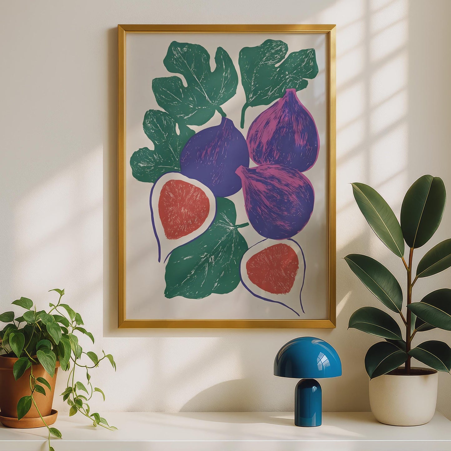Fig Fruit Poster, Linocut Style Wall Art Print, Purple Green Kitchen Decor