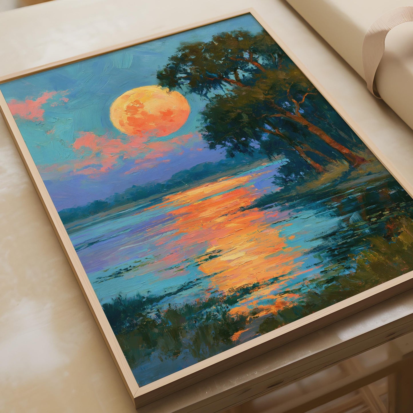 Sunset Moon River Art Print, Impressionist Landscape Poster, Orange Blue Wall Art