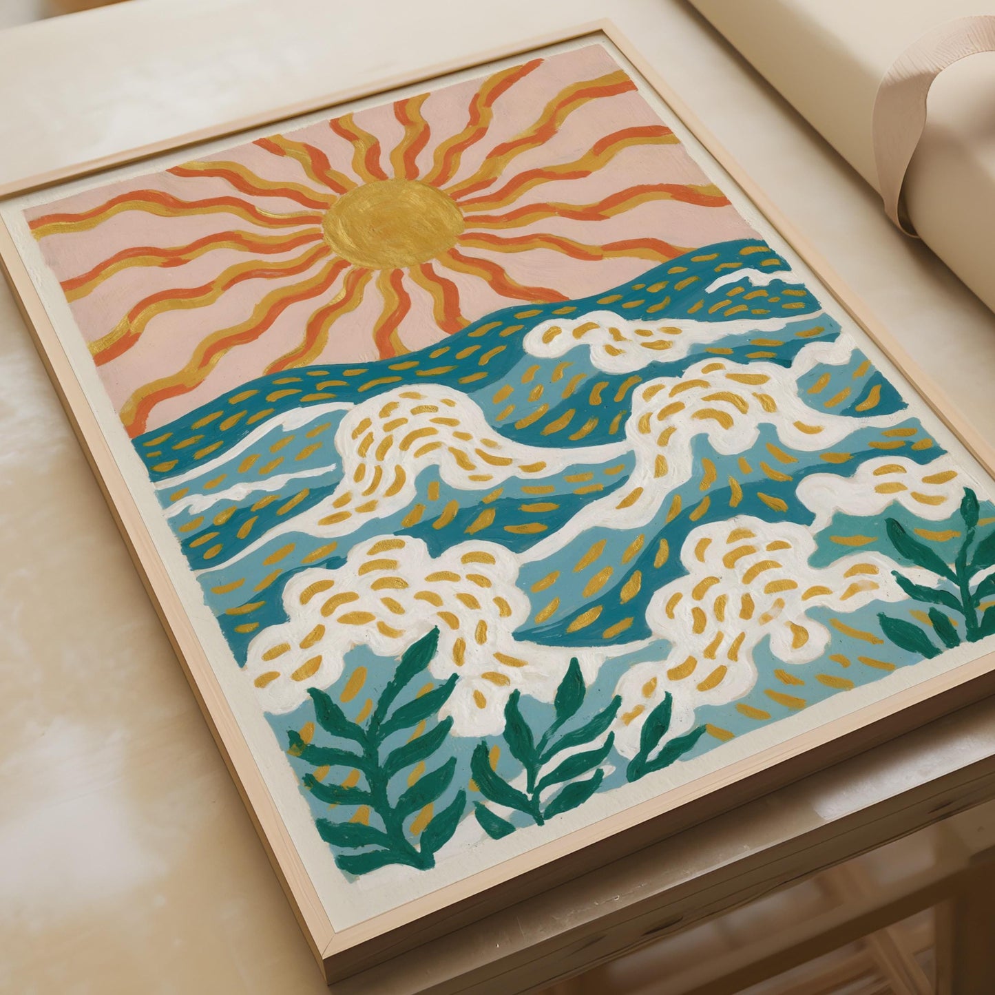 Ocean Waves Sun Print, Boho Beach Wall Art, Teal Blue Gold Coastal Poster, Retro Surf Decor