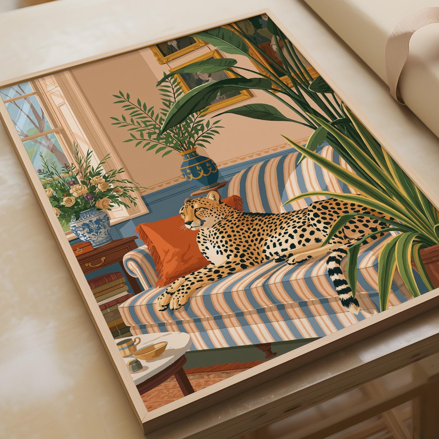 Cheetah on Sofa Art Print, Maximalist Living Room Poster, Wild Cat Wall Decor