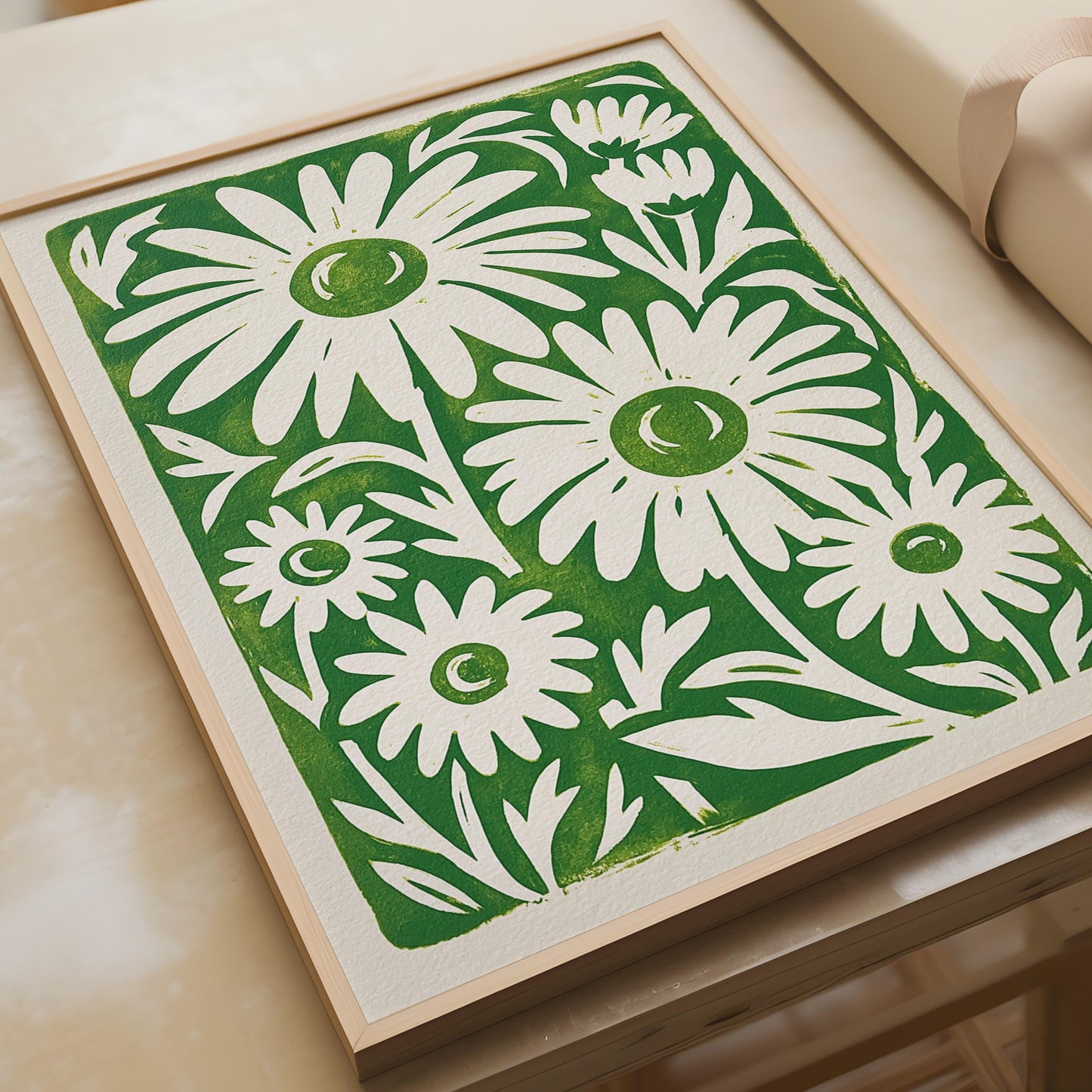 Green Daisy Linocut Print, Floral Wall Art, Botanical Decor, Handmade Print, Nature Poster, Home