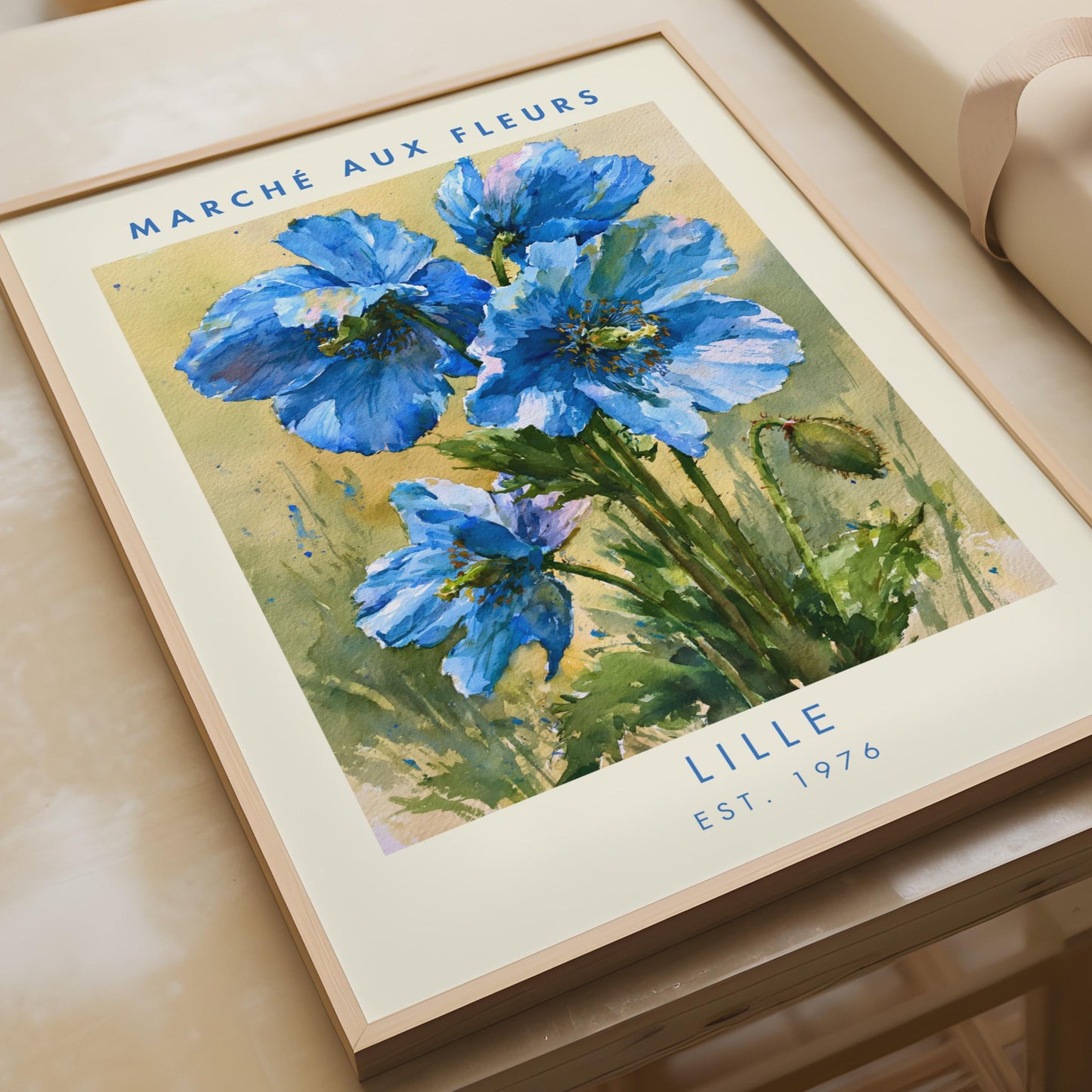 Blue Flower Art Print, Marche Aux Fleurs Poster, Lille Watercolour Floral Decor