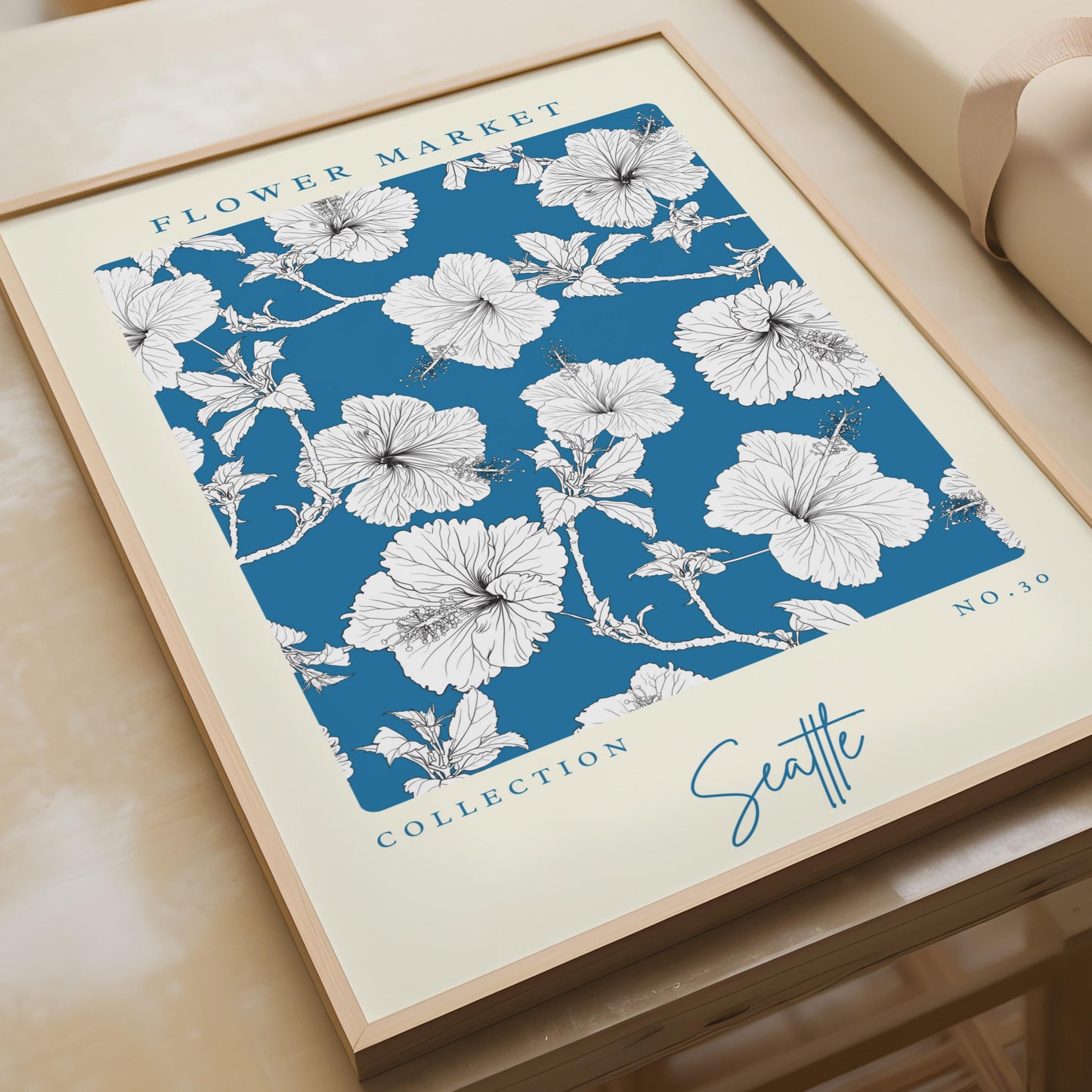 Hibiscus Flower Market Art Print, Floral Wall Decor, Seattle Collection No.30, Blue Botanical Poster
