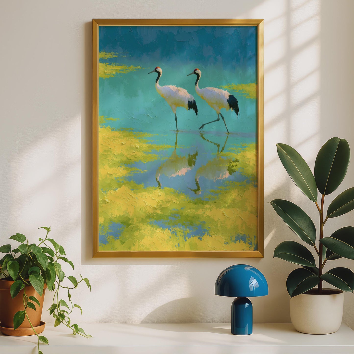Red Crowned Crane Poster, Japanese Crane Bird Wall Art, Teal Yellow Oil Painting Print