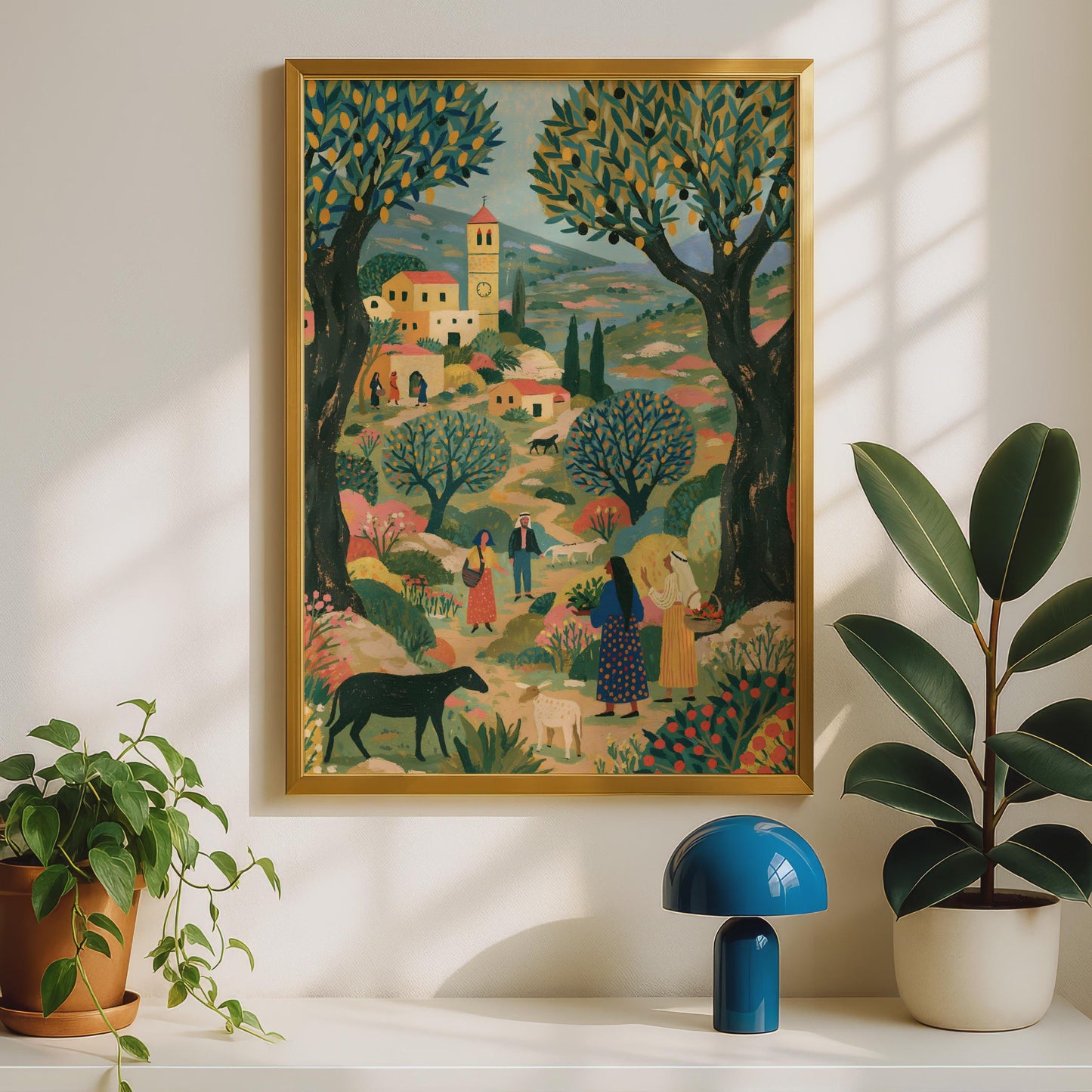Charming Palestine Village Wall Art, Colourful Village Scene, Landscape Print, Folk Art Poster